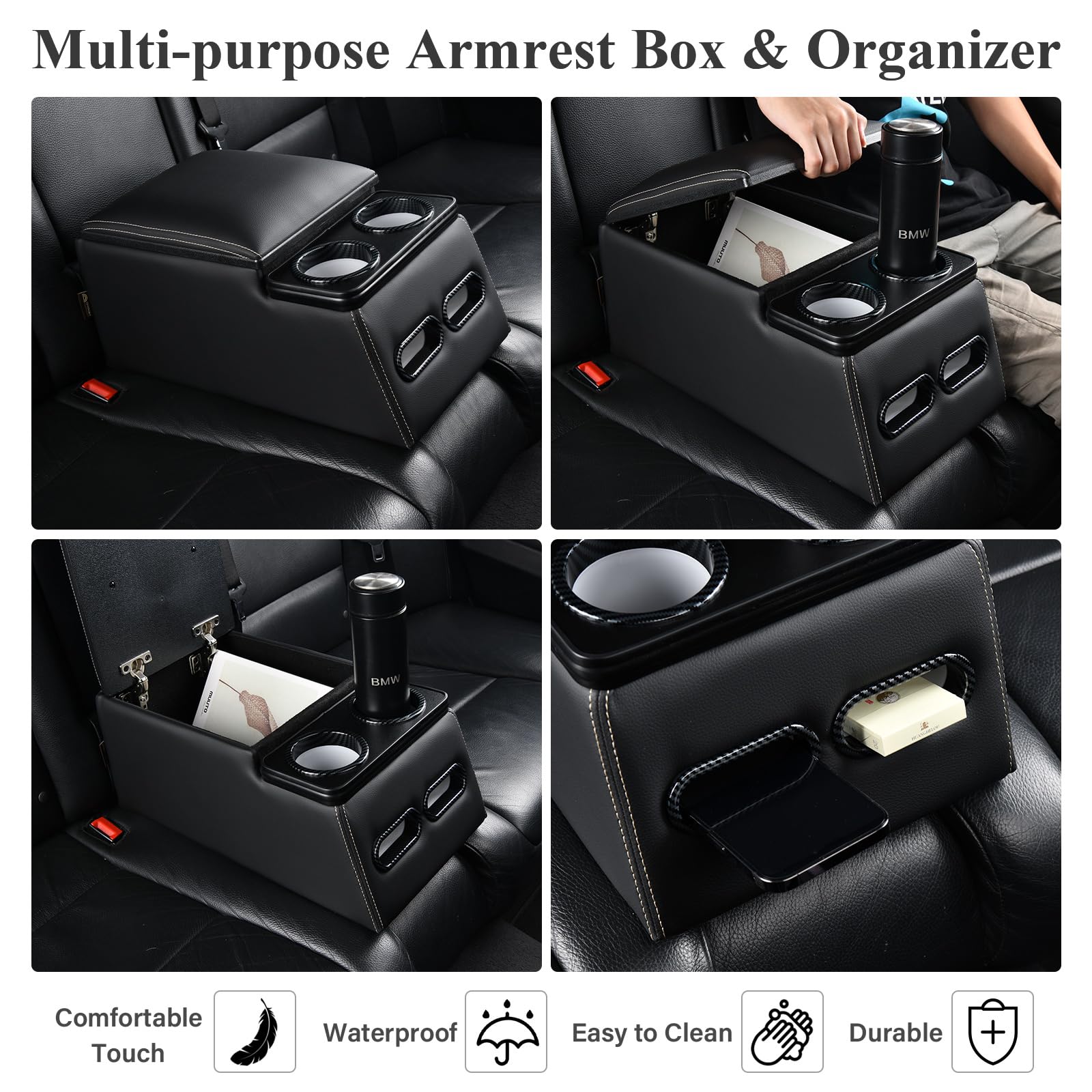 Coverado Car Center Console, Universal Rear Bench Seat Consoles, Truck Seat Organizer and Storage, Back Seat Car Organizer with Cup Holder, Large Storage Box, Central Armrest Box (Regular, Beige)