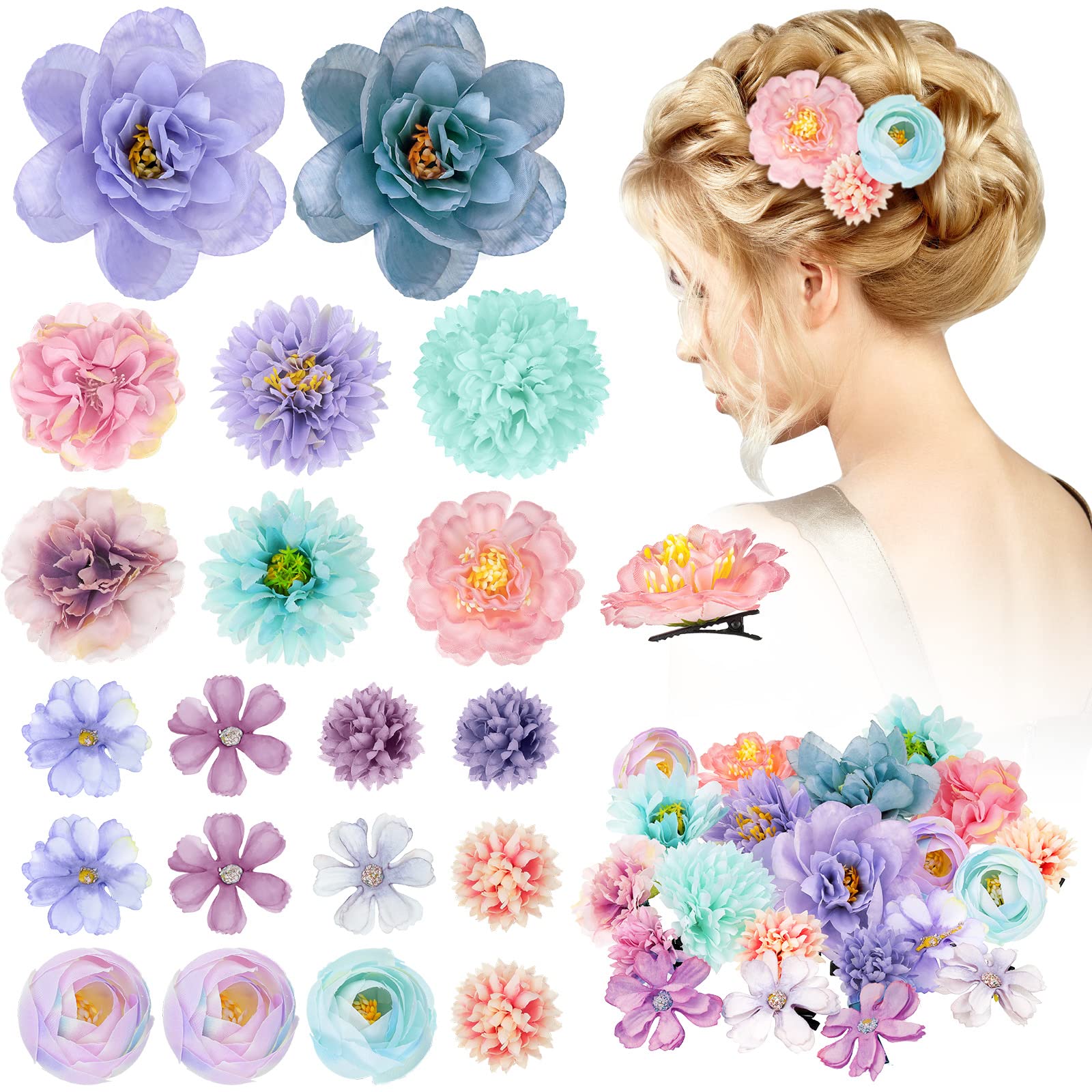 BBTO Flower Hair Clip Rose Hair Clips Barrettes for Women Flower Accessories Boho Bride Claw Clip Hairpin Brooch Pin Headpiece for Wedding(Beige Orange Series,21 Pcs)