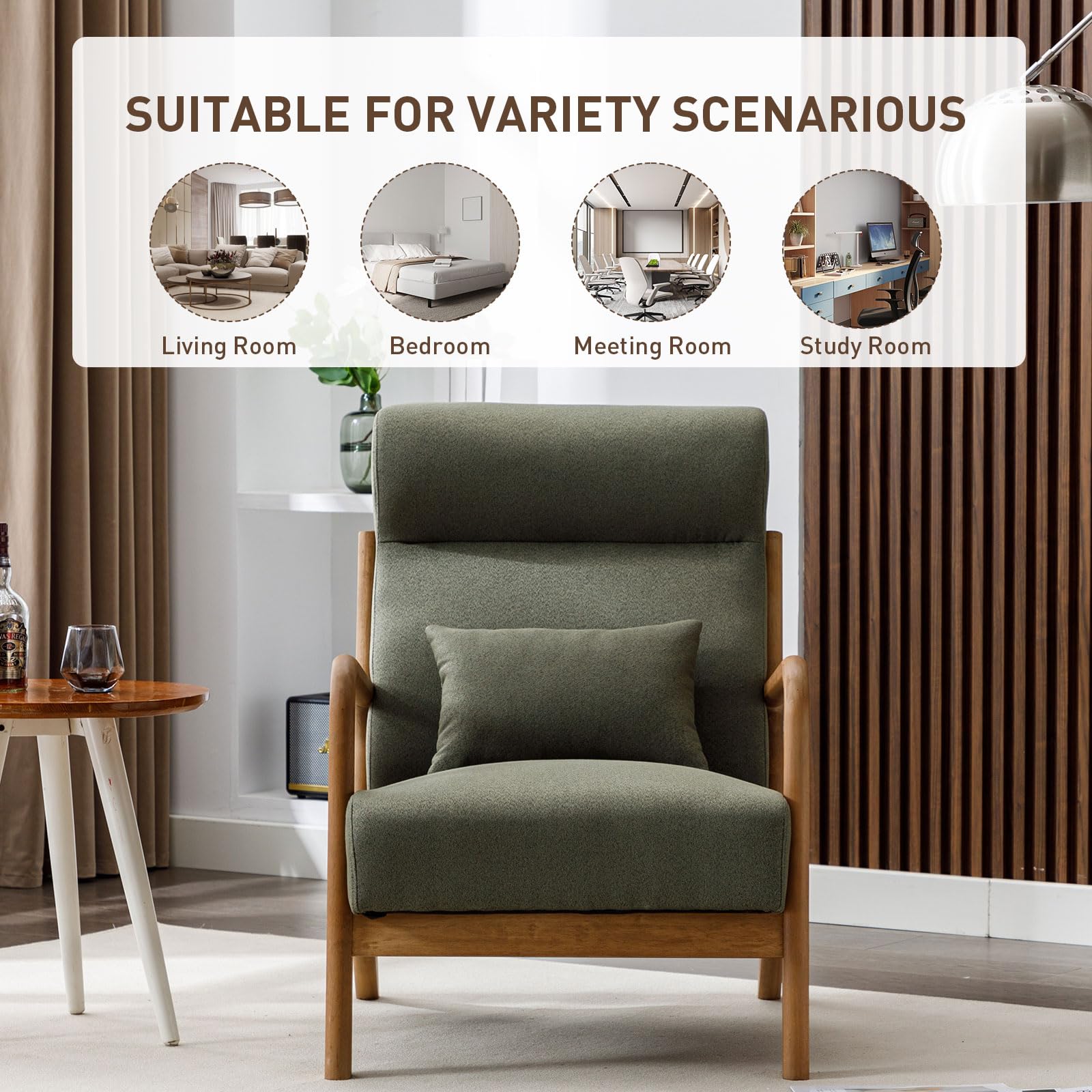 ANJ Mid Century Modern Accent Chair, Comfy Fabric Living Room Chairs with Solid Wood Frame, Lounge Reading Armchair, Easy Assembly, Beige