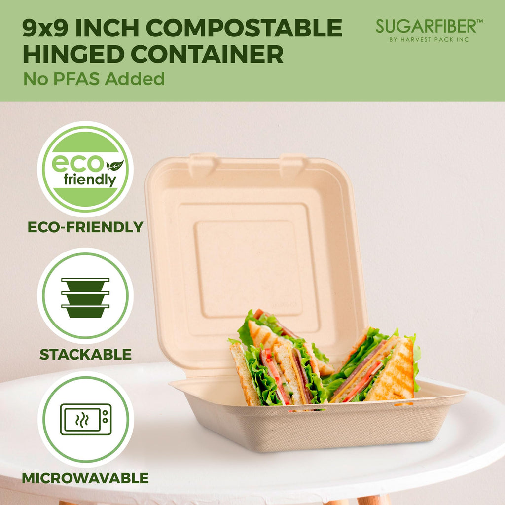 [50 COUNT]Harvest Pack 6 X 6" Compostable Clamshell Take Out Food Containers, PFAS FREE Square To go Containers with Lids, Heavy-Duty Disposable Bagasse Bento Cake Box, Eco-Friendly Sugarcane Fibers