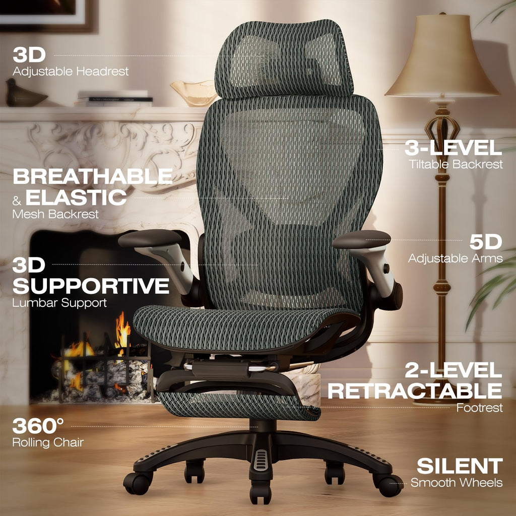 ELABEST X100 Ergonomic Office Chair with Footrest, Big and Tall Home Desk Chair with 5D Flip-Up Arms, Adjustable 3D Lumbar Support,High Back Rolling Computer Chair, Swivel Mesh Chairs (Coffee Break)