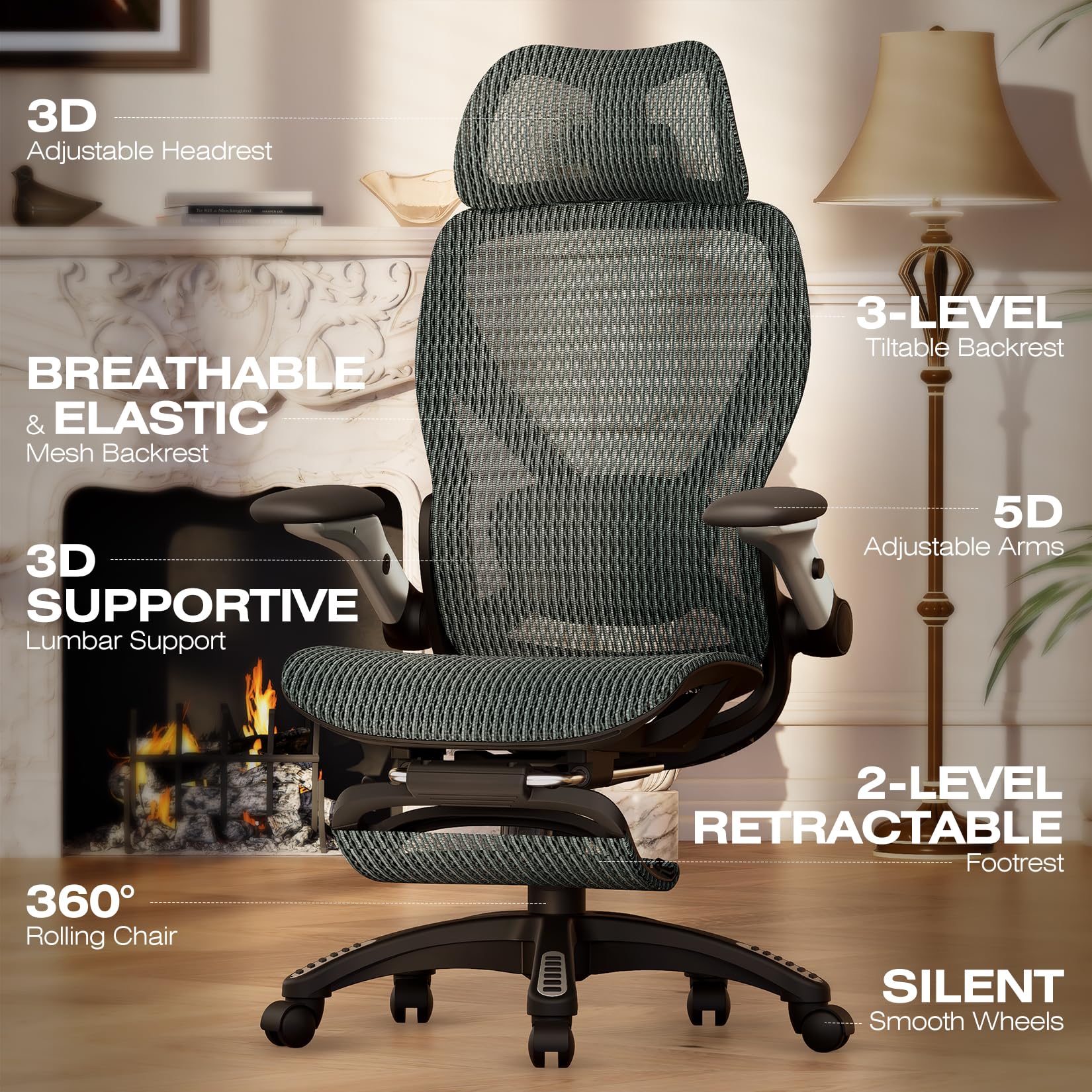 ELABEST X100 Ergonomic Office Chair with Footrest, Big and Tall Home Desk Chair with 5D Flip-Up Arms, Adjustable 3D Lumbar Support,High Back Rolling Computer Chair, Swivel Mesh Chairs (Coffee Break)