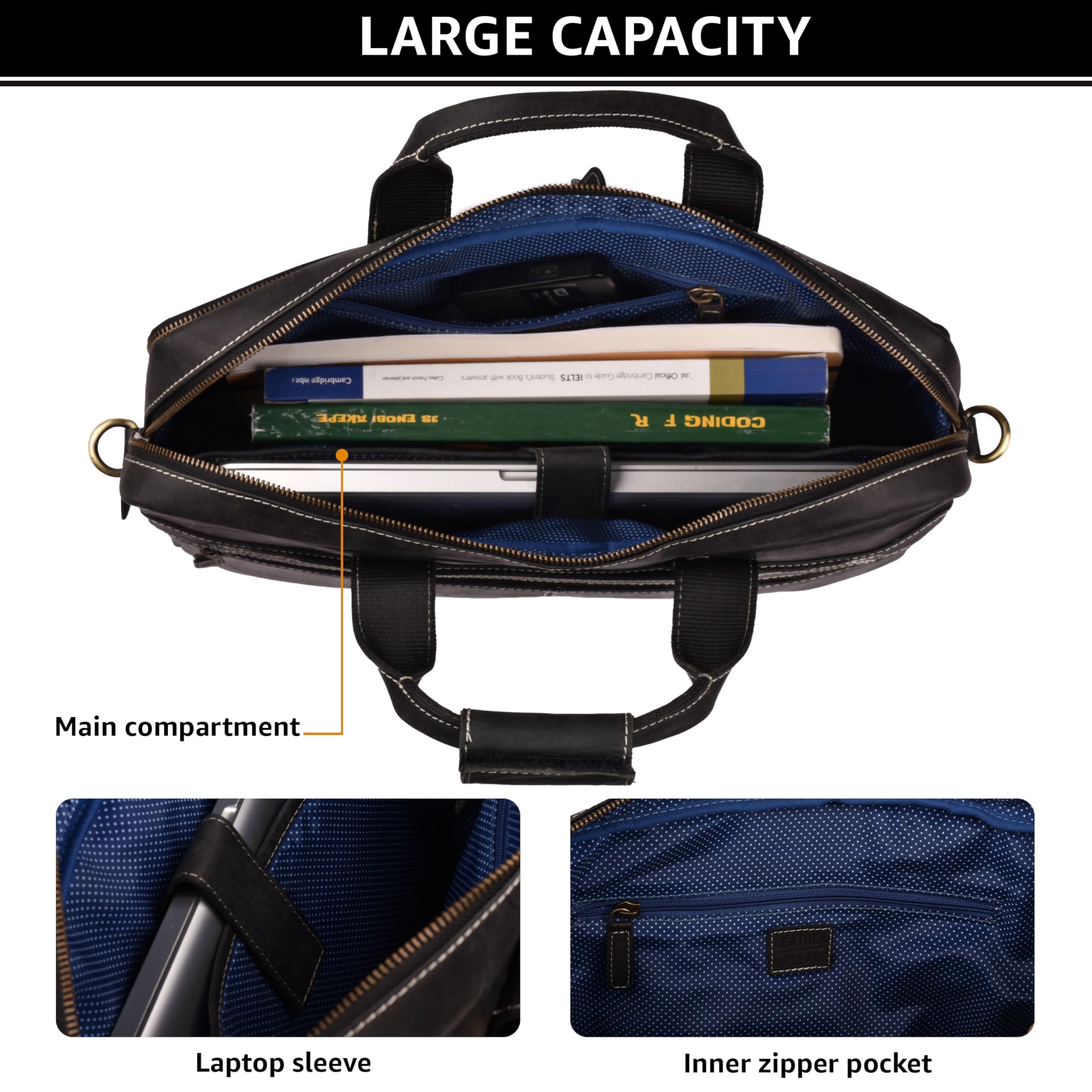 LEATHER VILLAGE 16" Leather Laptop Messenger Briefcase Bag for Men-Leather Satchel for Travel and Office Shoulder Bag-Black