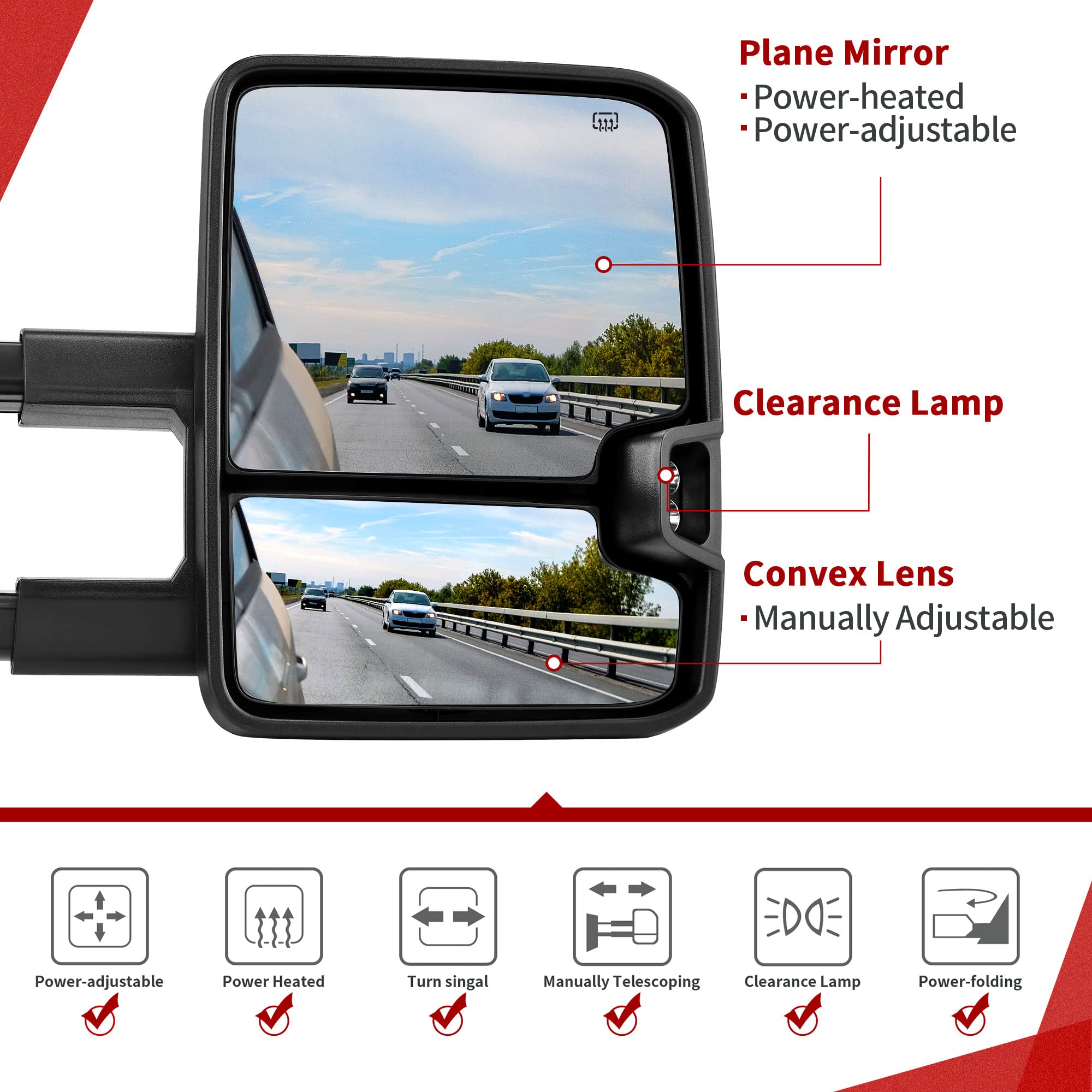 YITAMOTOR Towing Mirrors Compatible with 07-13 Silverado 1500 2500 3500 Tahoe Suburban Avalanche GMC Sierra Yukon Cadillac LED Turn Signal Light Power Heated Manual Telescoping Folding