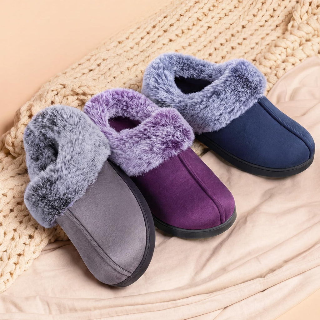 HomeTop Women's Classic Microsuede Memory Foam Slippers Durable Rubber Sole with Warm Faux Fur Collar