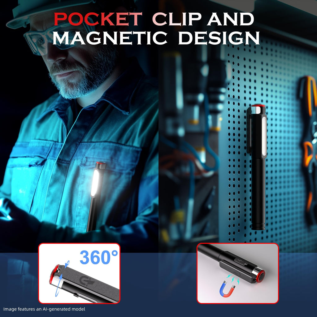 Rechargeable Pen Light, 800 Lumens LED Pen Flashlights 6 Modes COB Magnetic Flashlight with Clip Bright Pocket Flashlights Work Light Portable Waterproof Durable Penlight for Work Emergency