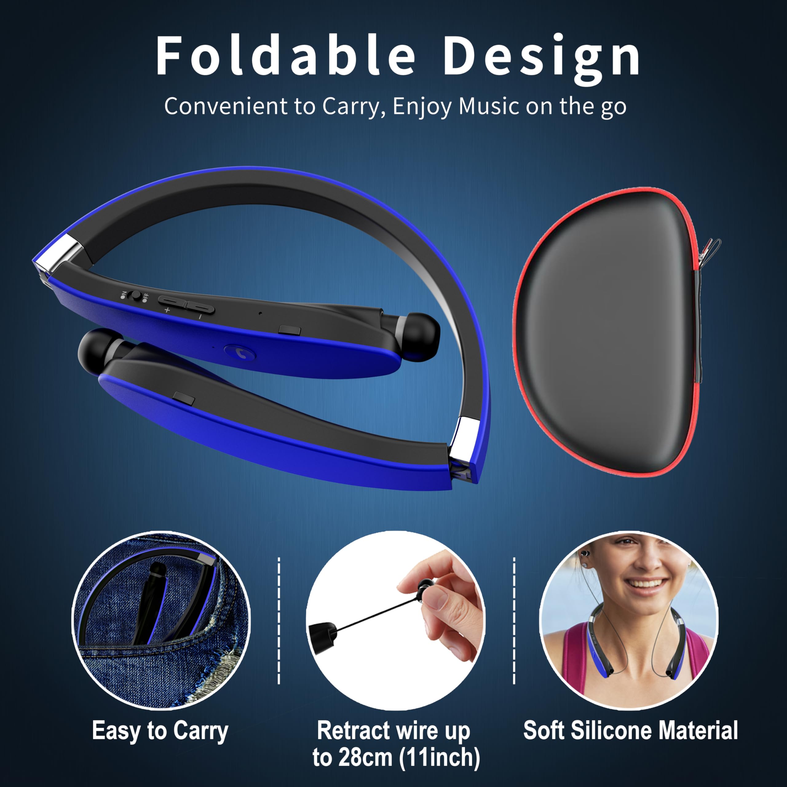AMORNO Foldable Bluetooth Headphones Wireless Neckband Headset with Retractable Earbuds, Sports Sweatproof Noise Cancelling Stereo Earphones with Mic