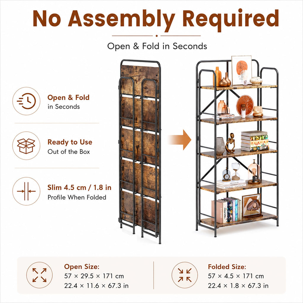4NM No Assembly Folding Bookshelf, 3 Tiers Collapsible Book Shelves Open Industrial Foldable Storage Bookcase Shelf for Bedroom, Living Room, Home Office - Natural and White