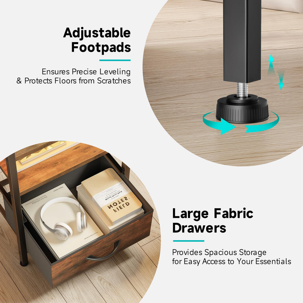 Lazzanto Night Stand Bedside Charger Bedroom - Nightstand with Charging Station & LED Light Strip, Night Stand with Storage Shelf & 2 Fabric Drawers, Morden End Table with U-S-B Ports & AC Outlets