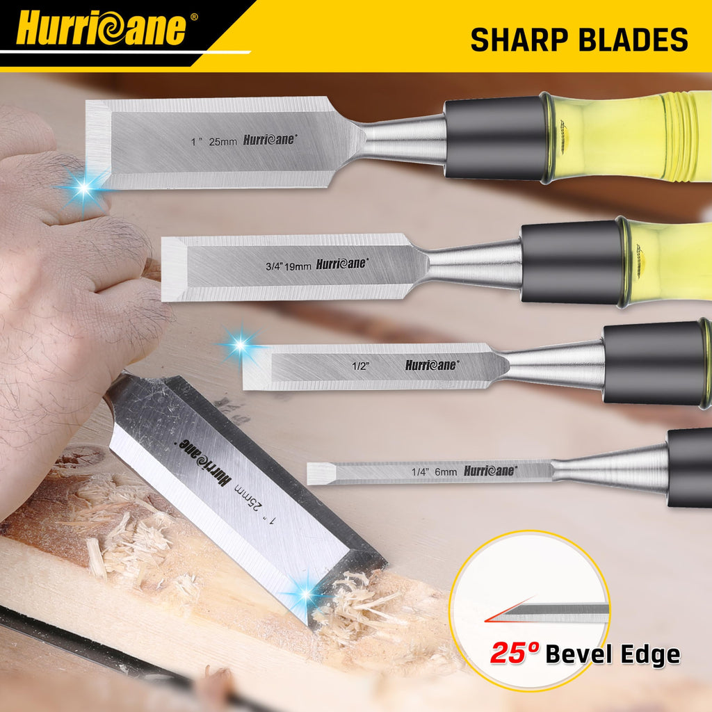 HURRICANE 4 Piece Wood Chisel Set for Woodworking. CR-V Steel Beveled Edge Blades with Safety Caps. Extra Large Grip, Impact-Resistant PVC Handle Chisels (1/4", 1/2", 3/4", 1")