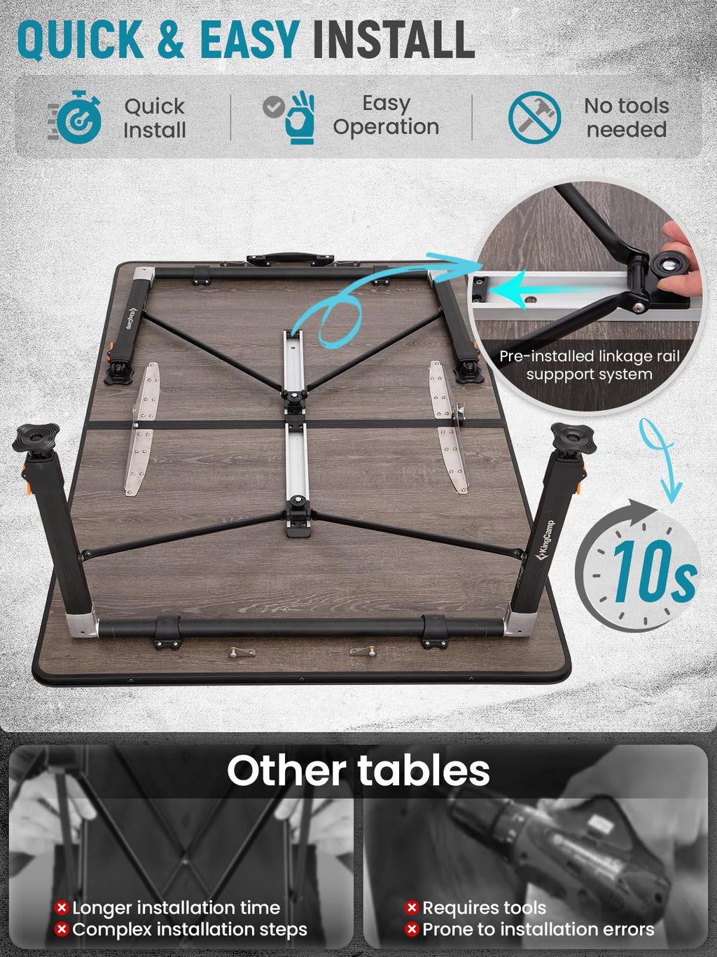 KingCamp Bamboo Folding Table, 4-Fold Camping Adjustable Height Portable Outdoor Lightweight & Compact Table with Aluminum Frame for RV Picnic BBQ Tailgating