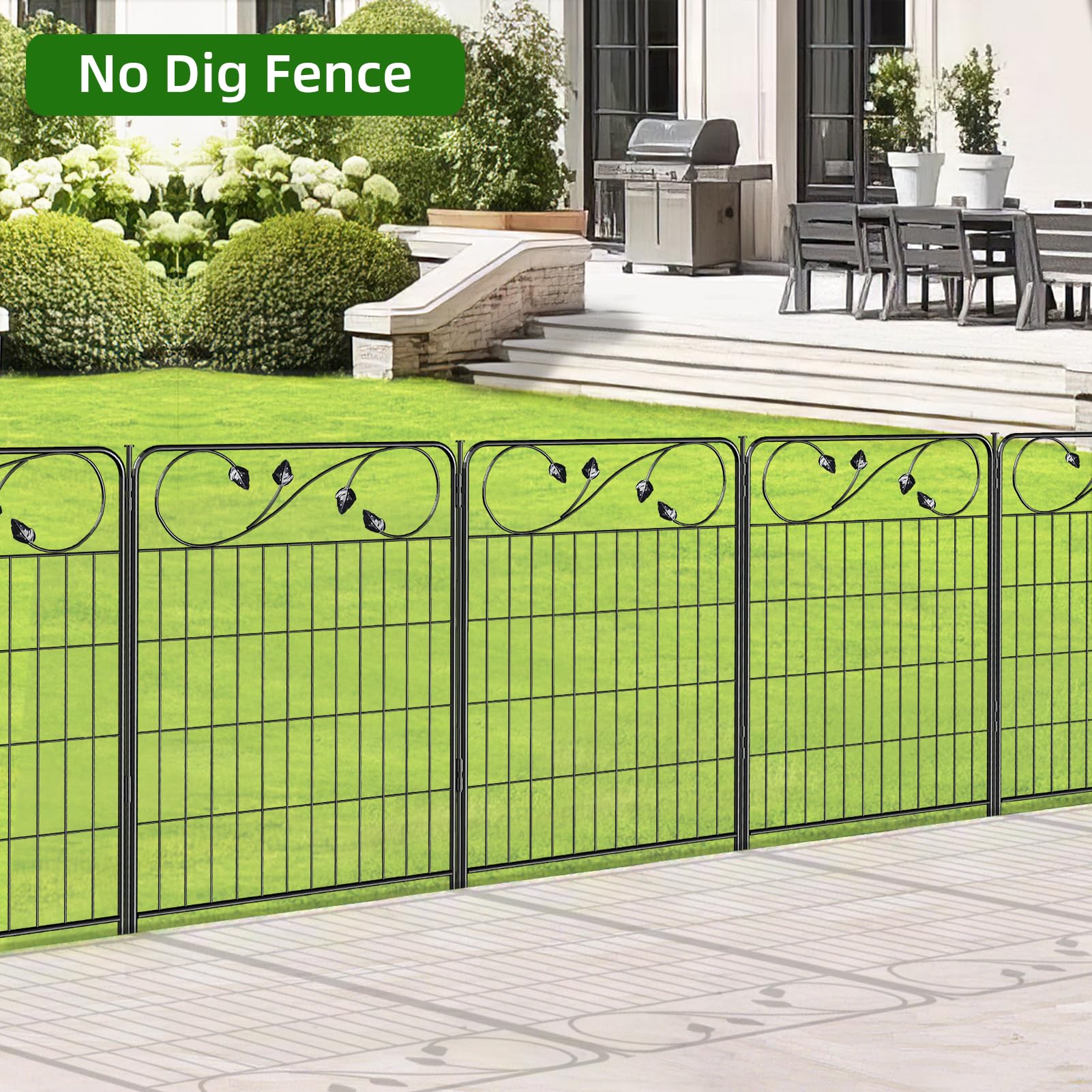 FOREHOGAR Decorative Metal Garden Fence 24in(H) X10ft(L) 5 Panels Leaf Black Rustproof Wire Border Fence for Landscape Patio Flower Bed Garden Fencing Panel Animal Barrier for Dogs
