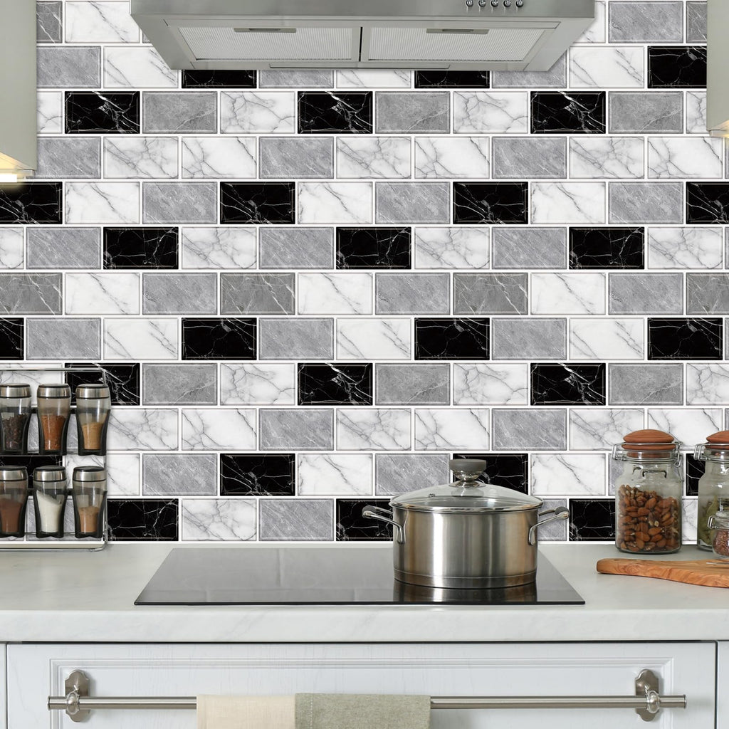 URCOLOR 10-Sheet Back Splashes for Kitchens Peel and Stick,12"x12" Self Adhesive Subway Wall Tiles Stick on backsplash Tiles for Bathroom Black Marble