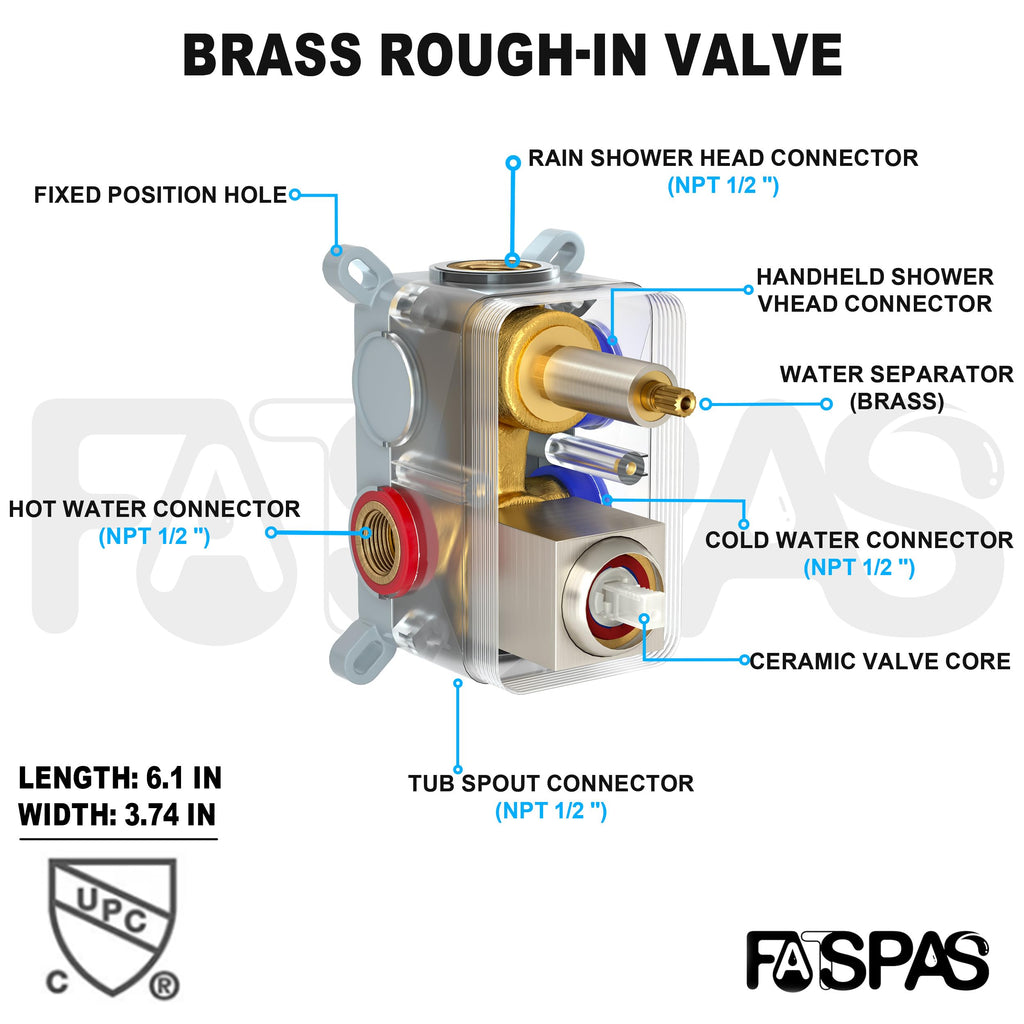 Brushed Gold Shower System with 10-Inch Rain Showerhead and Tub Spout | cUPC-certified pressure balance brass valve to prevent scalding, CEC-certified air injection technology for low pressure