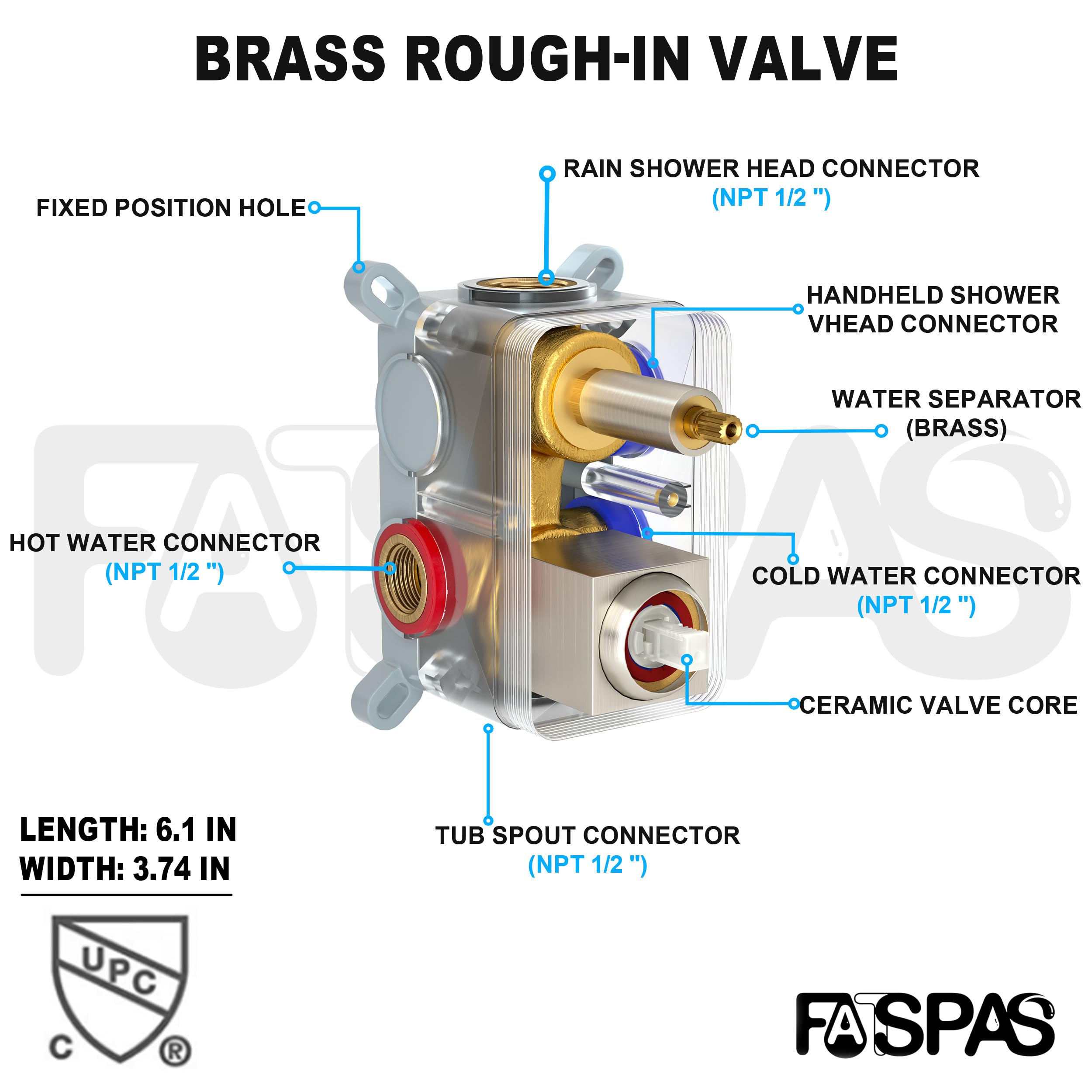 Brushed Gold Shower System with 10-Inch Rain Showerhead and Tub Spout | cUPC-certified pressure balance brass valve to prevent scalding, CEC-certified air injection technology for low pressure
