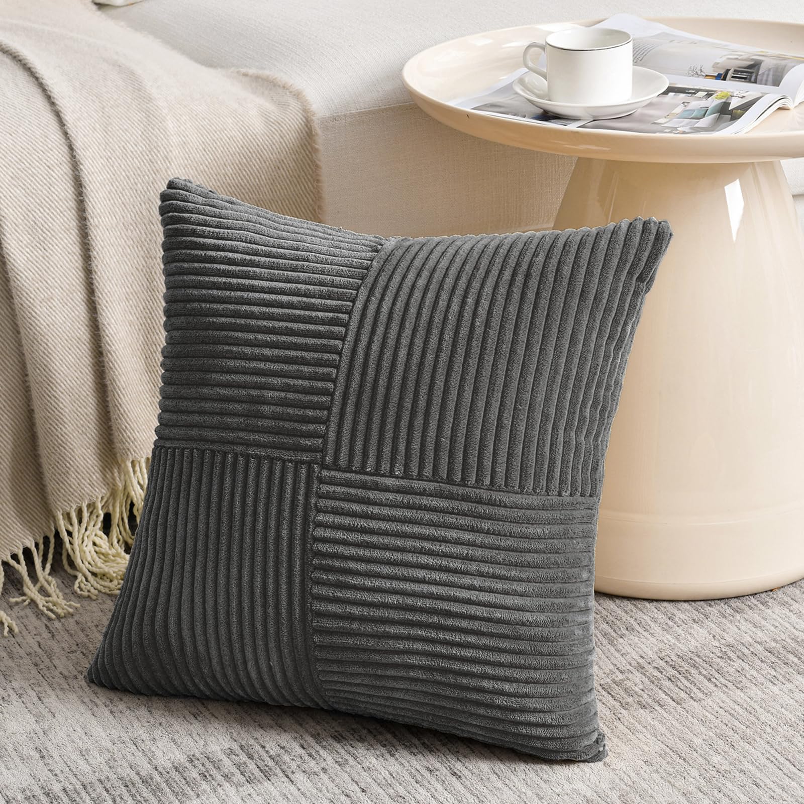 Fancy Homi Olive Green Samll Decorative Throw Pillow Covers 12x12 Inch with for Living Room Couch Bed Sofa, Rustic Farmhouse Boho Home Decor, Soft Corss Patchwork Corduroy Square Cushion Case 30x30 cm