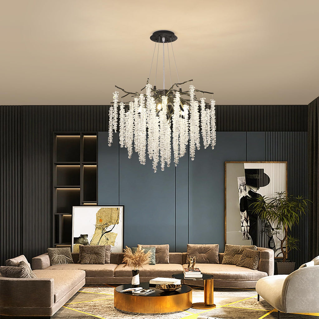 Modern Crystal Raindrop Chandelier, L40'' Black Linear Rectangle Art Deco Tree Branch Lighting Fixture for Kitchen Island Living Room Foyer Staircase 10 Lights