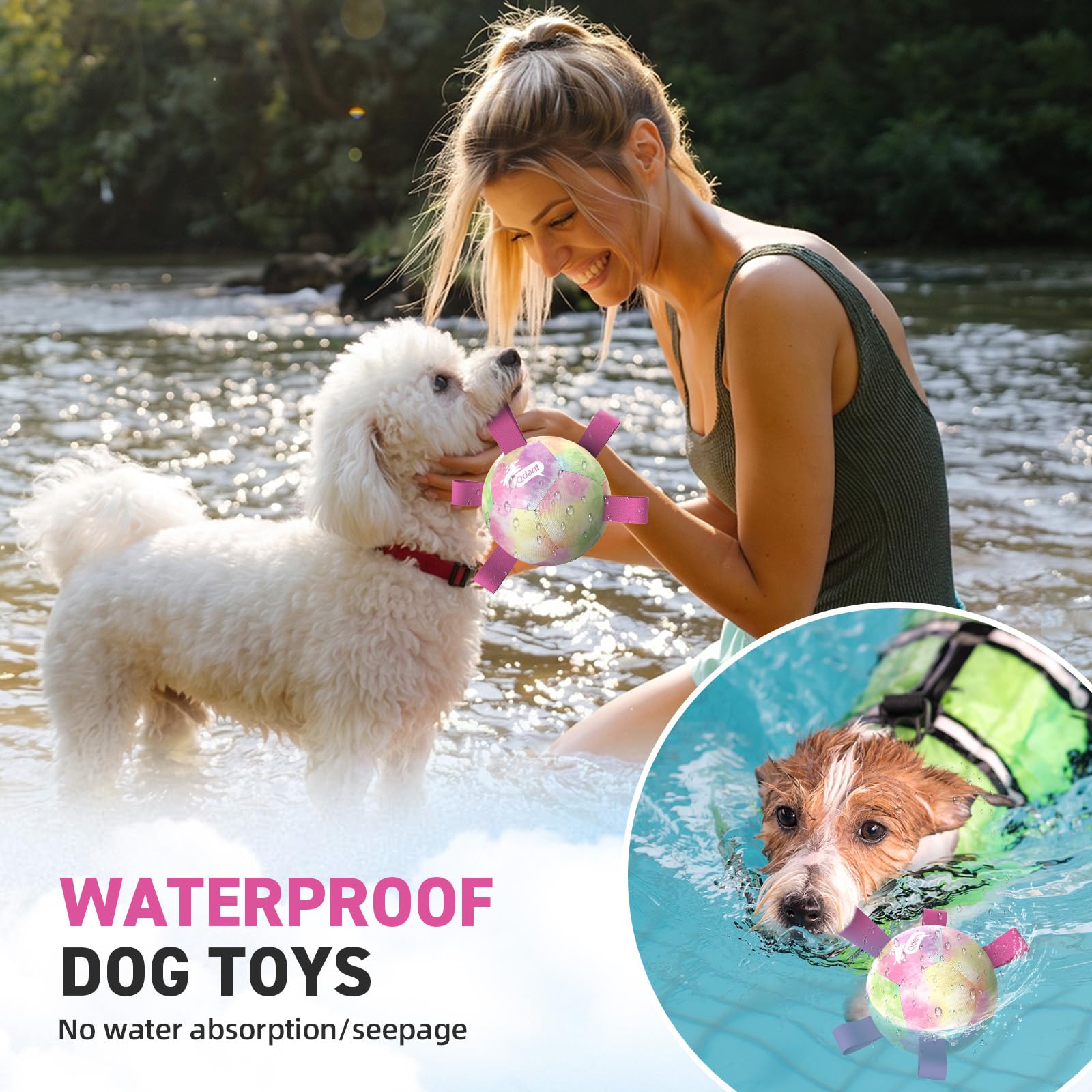 QDAN Dog Toys Soccer Ball with Straps, Durable Dog Balls for Tug of War, Puppy Birthday Gifts, Dogs Water Toy Small Dogs-Rainbow（5 Inch）