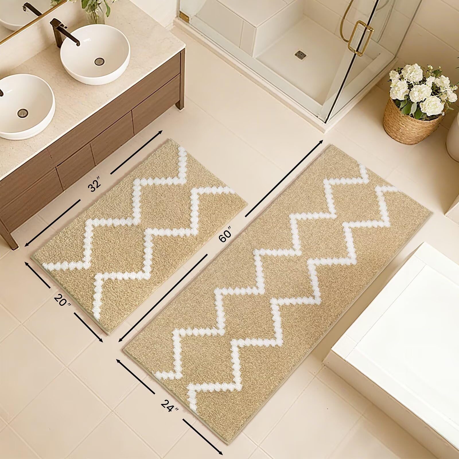 DEXDE Bathroom Rugs Runner 24x47 Long Bath Rug Non Slip Soft Washable Large Bath Mats for Bathroom Bedroom Hallway Kitchen Floor Carpet Modern Boho Decor, Beige