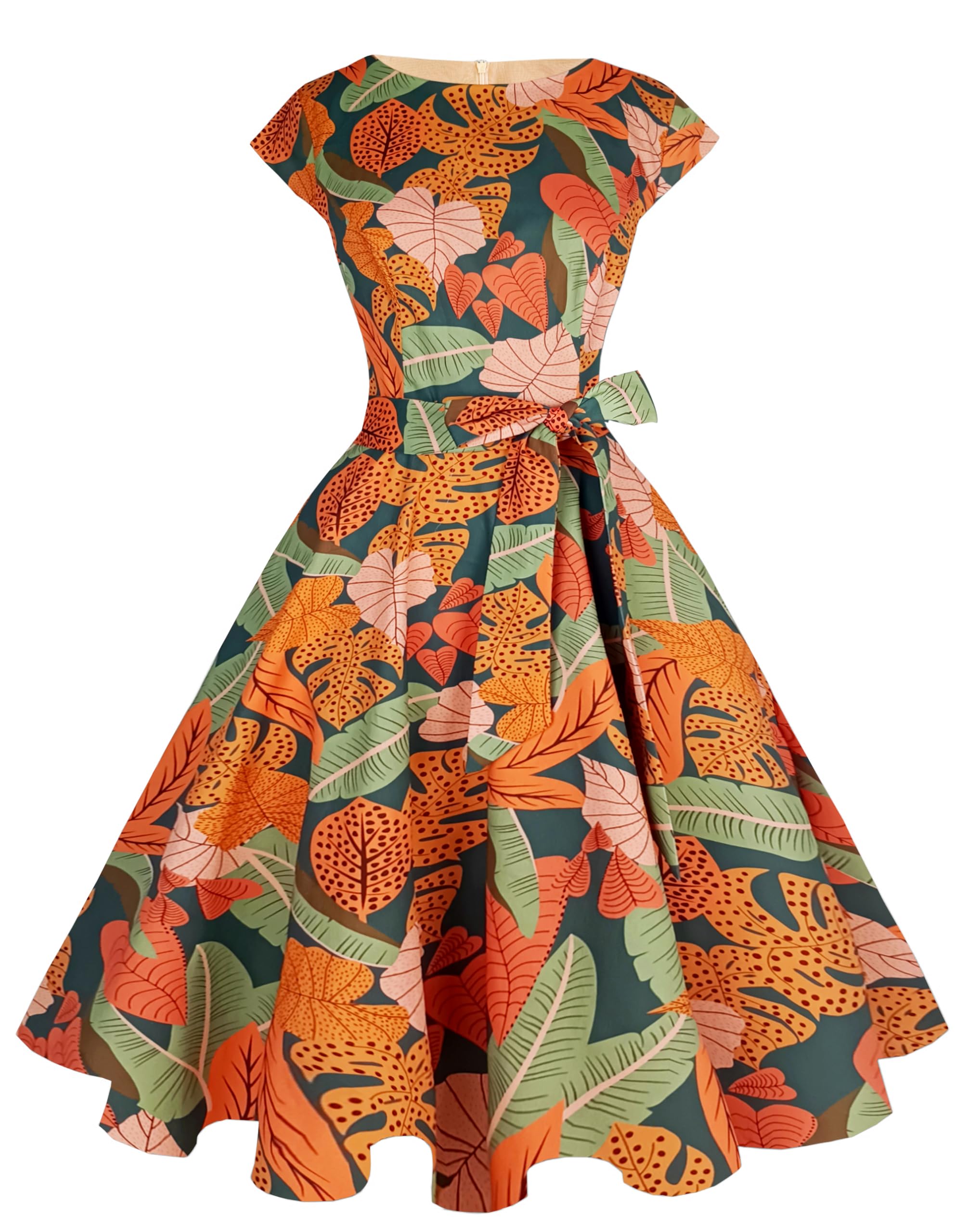 PUKAVT Women's 1950 Boatneck Cap Sleeve Vintage Swing Cocktail Party Dress with Pockets