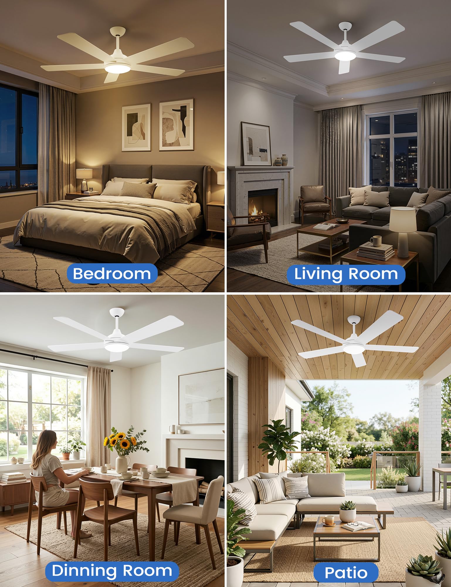 42 Inch Low Profile Ceiling Fan with Light, White Ceiling Fans with Lights and Remote, Flush Mount, 6 Speeds Reversible Quiet DC, 3CCT Dimmable, Indoor Outdoor Ceiling Fans for Patios Bedroom