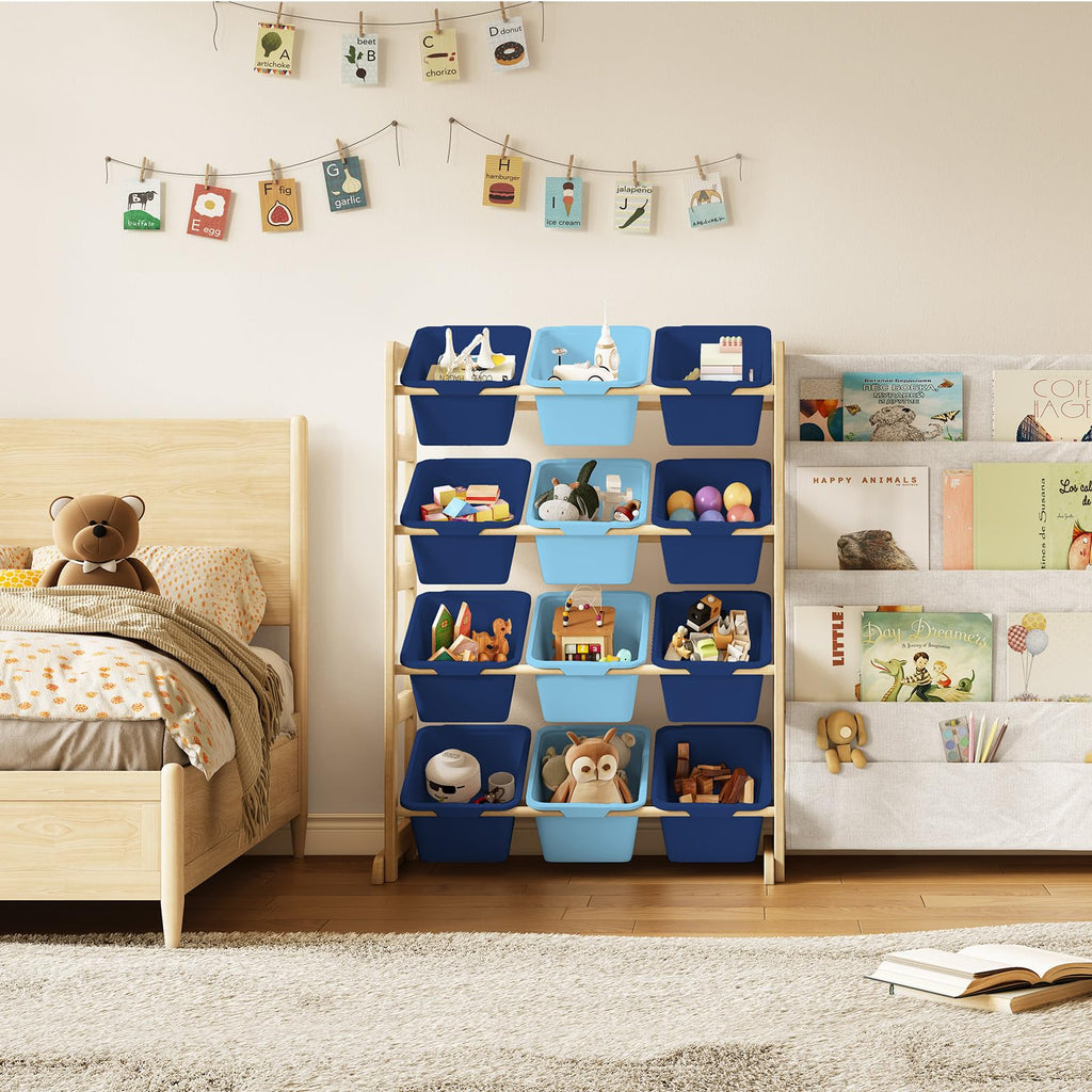 EXPERLAM Toy Storage Organizer with Bookshelf - 12 Storage Bins 4-Tier Multipurpose Shelf to Organize Toys and Books for Kids Room, Playroom, Nursery Room, Blue
