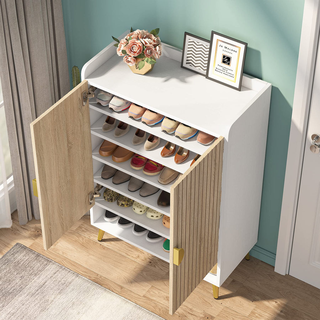 Tribesigns Shoe Cabinet with Doors, 7-Tier Shoe Storage Cabinet with Adjustable Shelves, Wooden Shoes Rack Shoe Storage Organizer for Entryway, Hallway, Closet, Living Room, Black