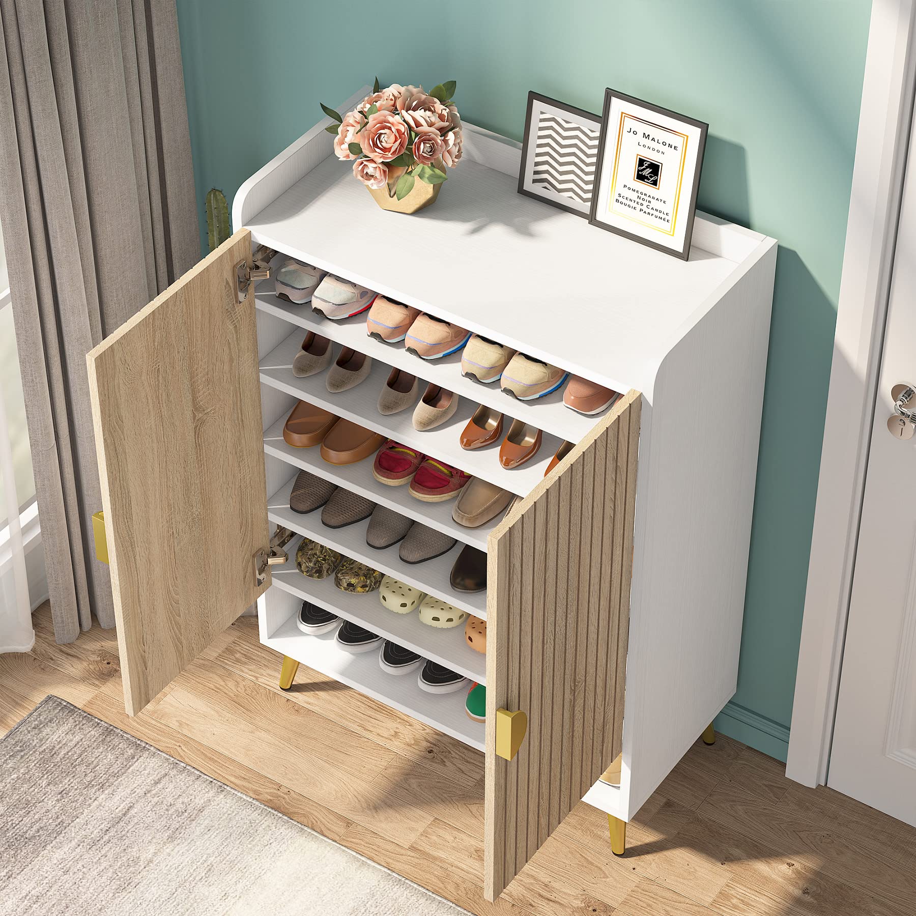 Tribesigns Shoe Cabinet with Doors, 7-Tier Shoe Storage Cabinet with Adjustable Shelves, Wooden Shoes Rack Shoe Storage Organizer for Entryway, Hallway, Closet, Living Room, Black
