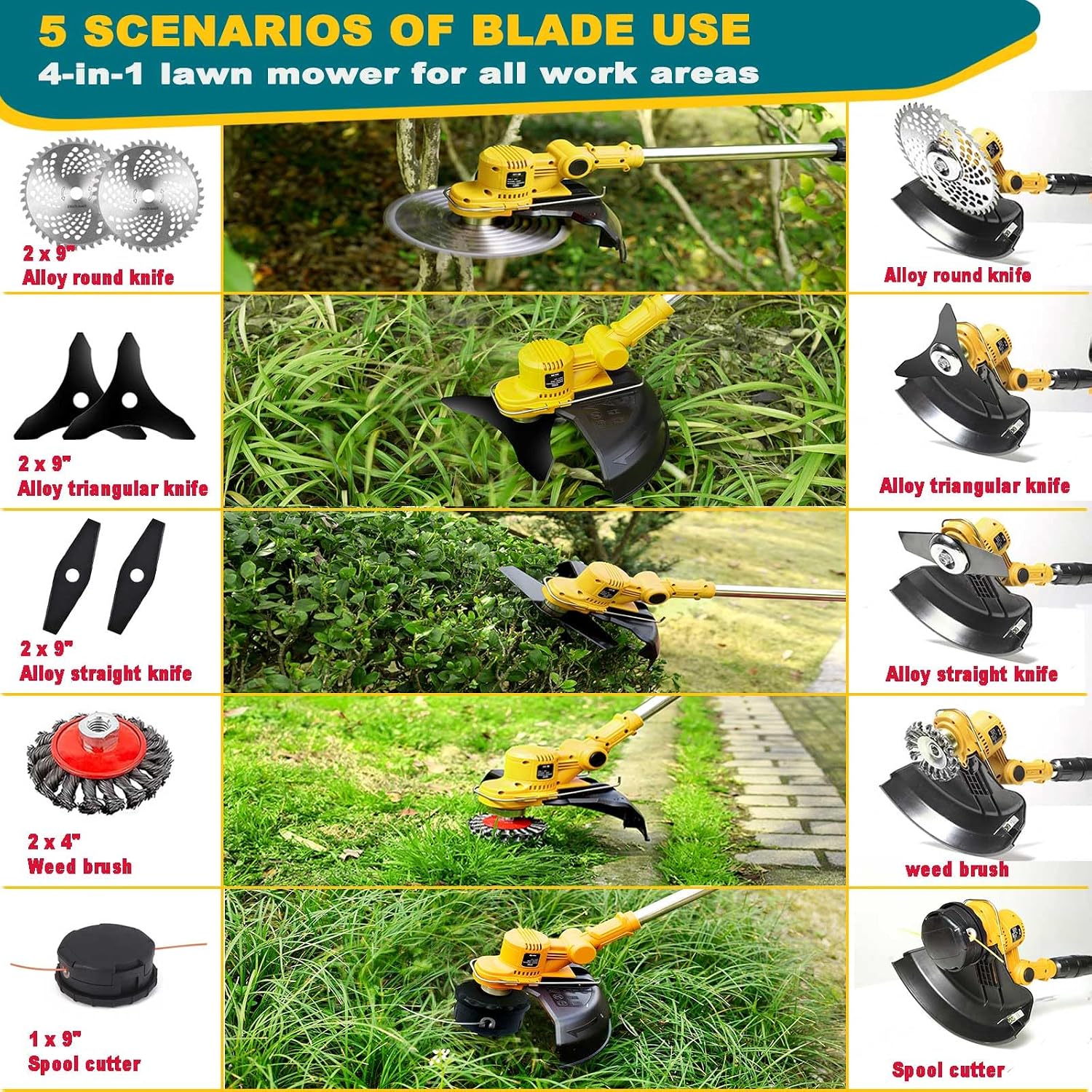 Cordless Weed Wacker for Dewalt 20V MAX Battery, 4-in-1 Electric Weed Eater, String Trimmer with 5 Blades, for Lawn, Yard and Bush Trimming (No Battery) (Yellow)