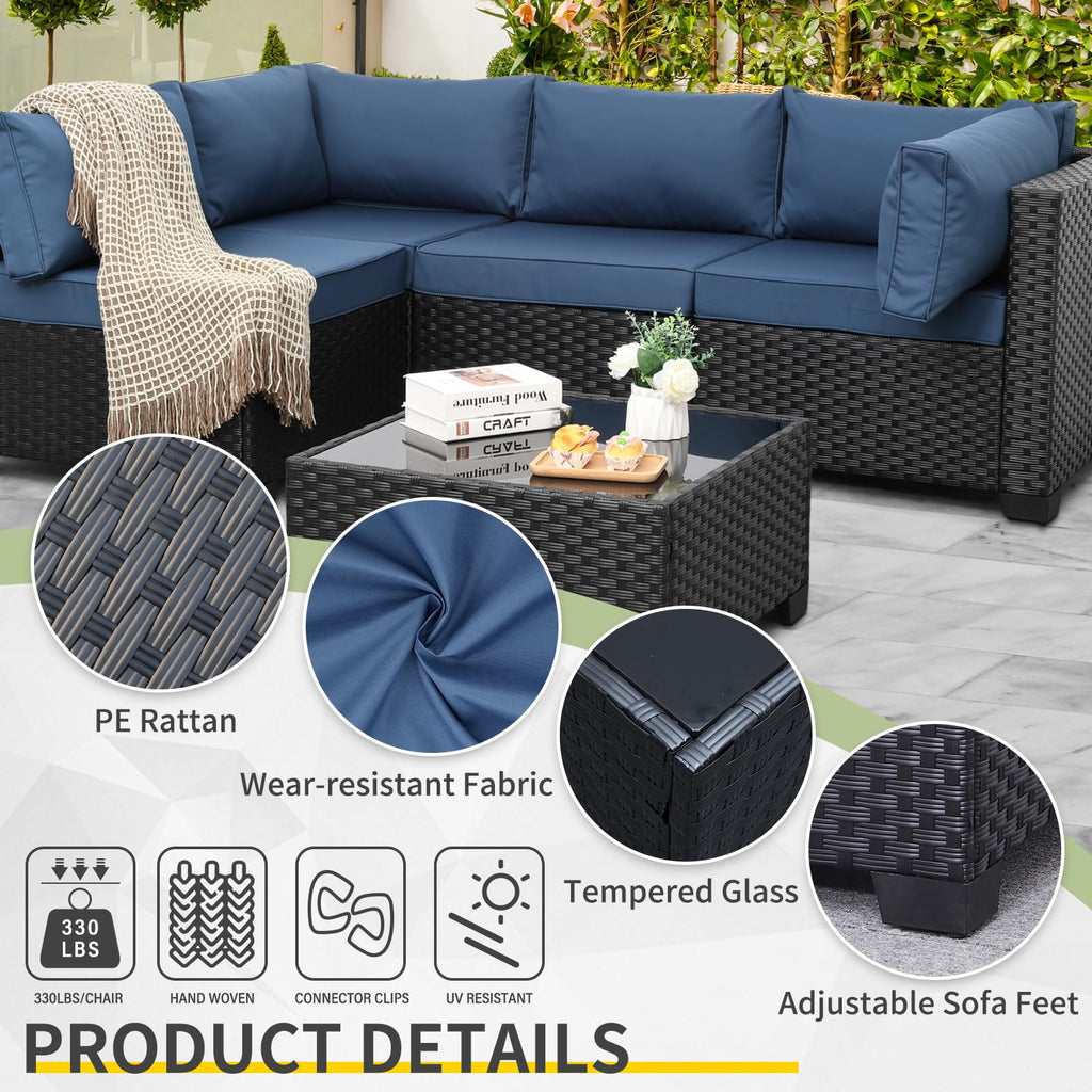 WAROOM Outdoor 5 Piece Patio Furniture Set, Black Rattan Conversation Couch Resin Wicker Sectional Sofa Outside Chair with Coffee Table, Grey Cushion