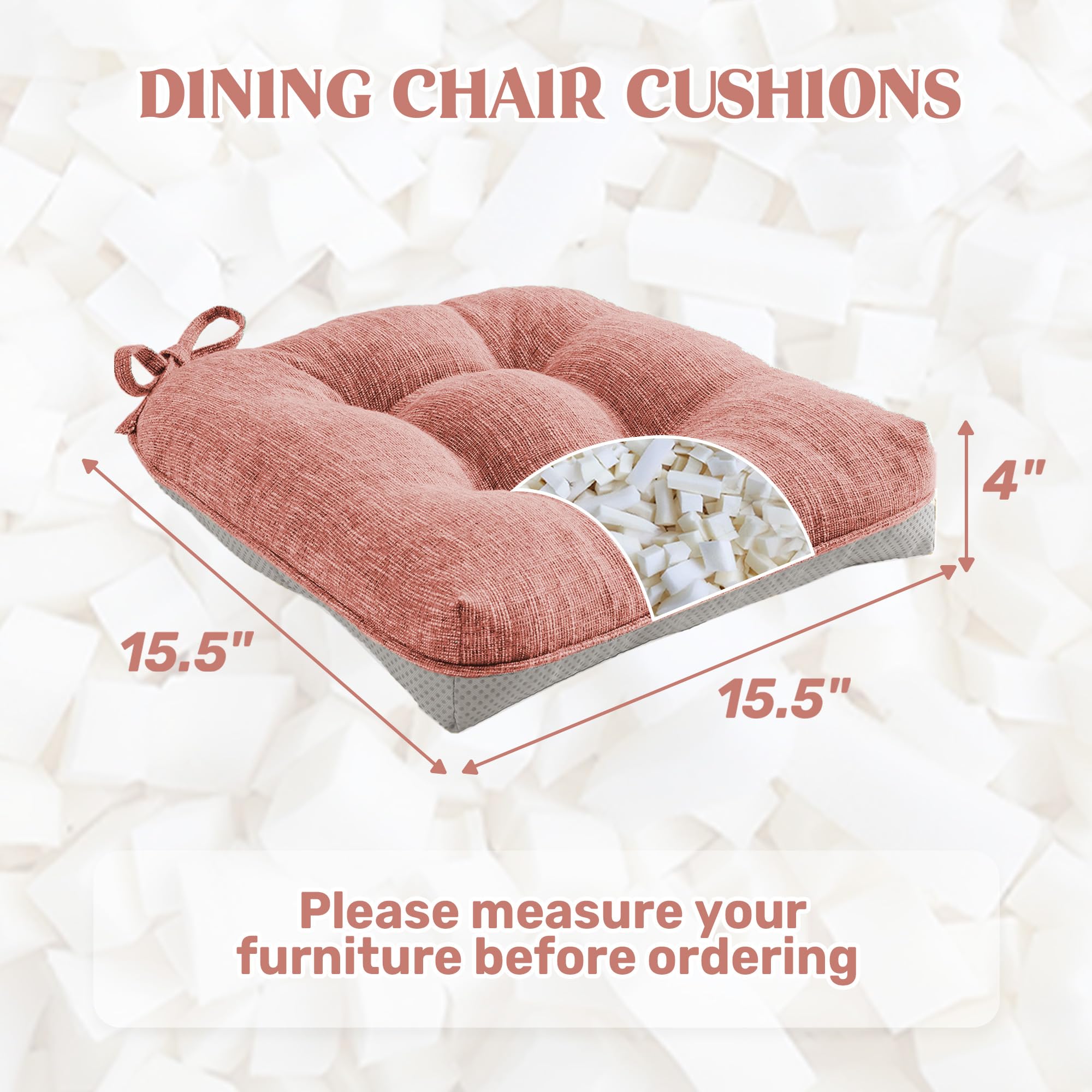 puredown® Chair Cushions for Dining Chairs, Tufted Memory Foam Chair Pads with Non-Slip Backing, Kitchen Seat Cushions with Ties, Washable Seat Pad Set of 4, 15.5" x 15.5" x 4", Light Grey