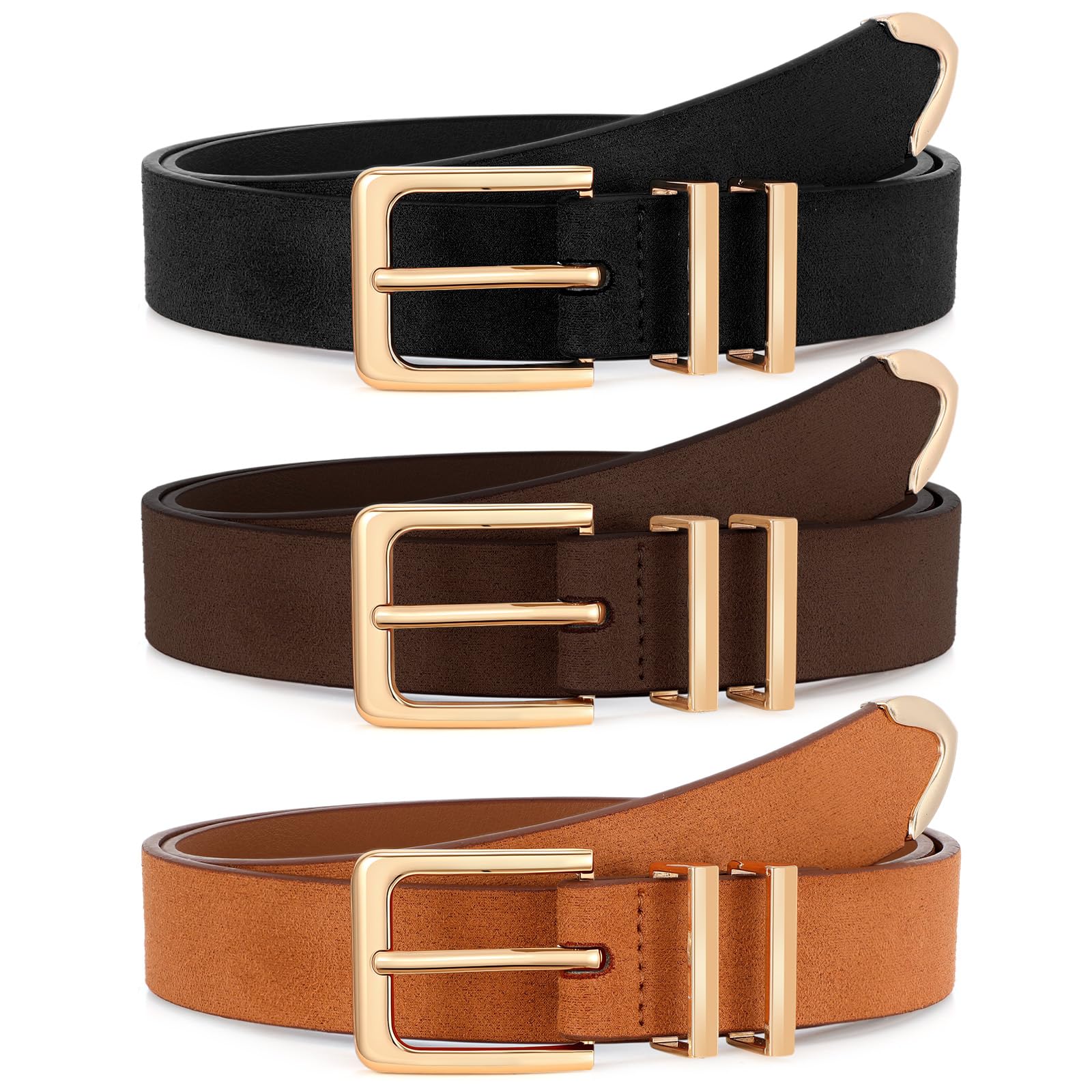 XZQTIVE 3 Pack Women Belts For Jeans Dresses Pants Ladies Leather Waist Belt with Gold Buckle