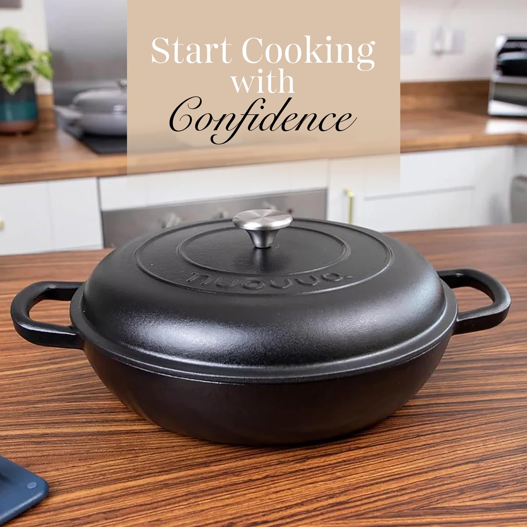 Shallow Cast Iron Casserole with Lid – Non Stick Dutch Oven Pot, Oven Safe up to 500° F – Sturdy Ovenproof Stockpot Cookware – Enamelled Cooking Pot – Black, 5-Quart, 32cm – by Nuovva