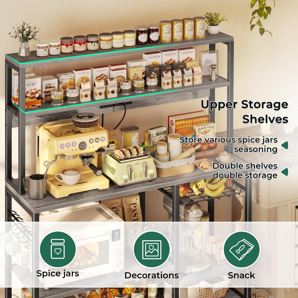 SUPERJARE Bakers Rack with Power Outlet, 35.4 Inches Coffee Bar with Wire Basket, Kitchen Microwave Stand with 6 S-Shaped Hooks, Open Storage Shelves, Black