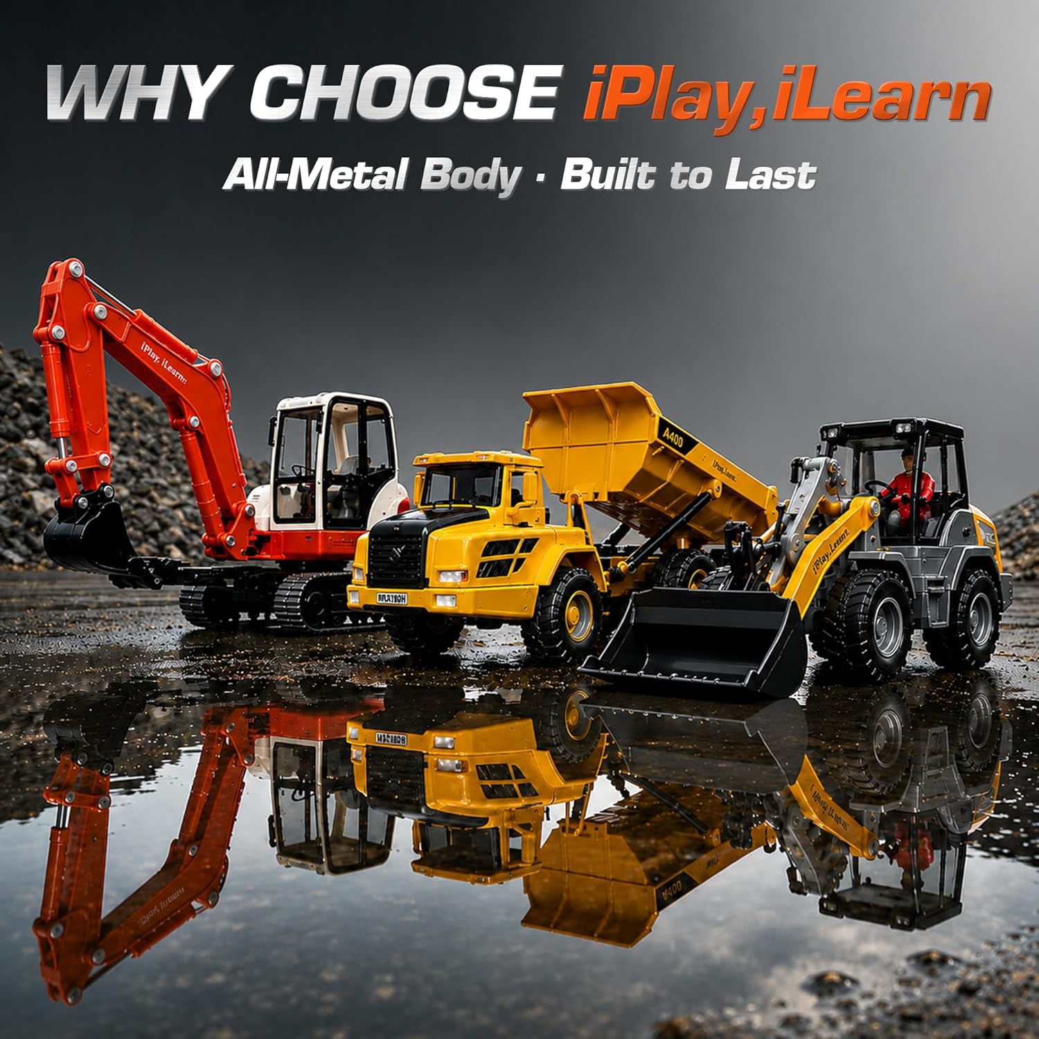 iPlay, iLearn Heavy Duty Construction Site Playset, Metal Dump Truck, Excavator Digger Backhoe, Tractor Bulldozer Diecast Vehicle, Outdoor Sandbox Car Toy, Birthday Gift 3 4 5 Year Old Boy Kid Toddler