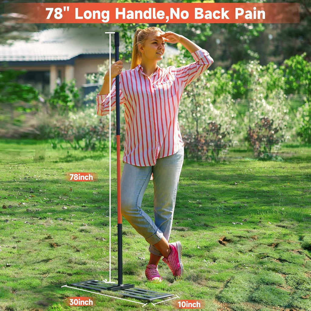 Lawn Leveling Rake, 30''x10'' Leveling Rake, 78 inch Handle Length, Stainless Steel, Adjustable Handle for Backyard, Garden, Golf Course, Farm ＆ Pasture, Professional Lawn Care Tool