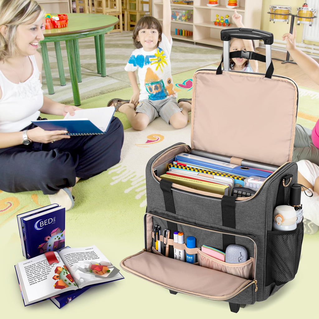 LUXJA Rolling Teacher Bag with Laptop Compartment and Detachable Dolly, Multifunctional Rolling Teacher Tote Bag (Patent Pending), Black