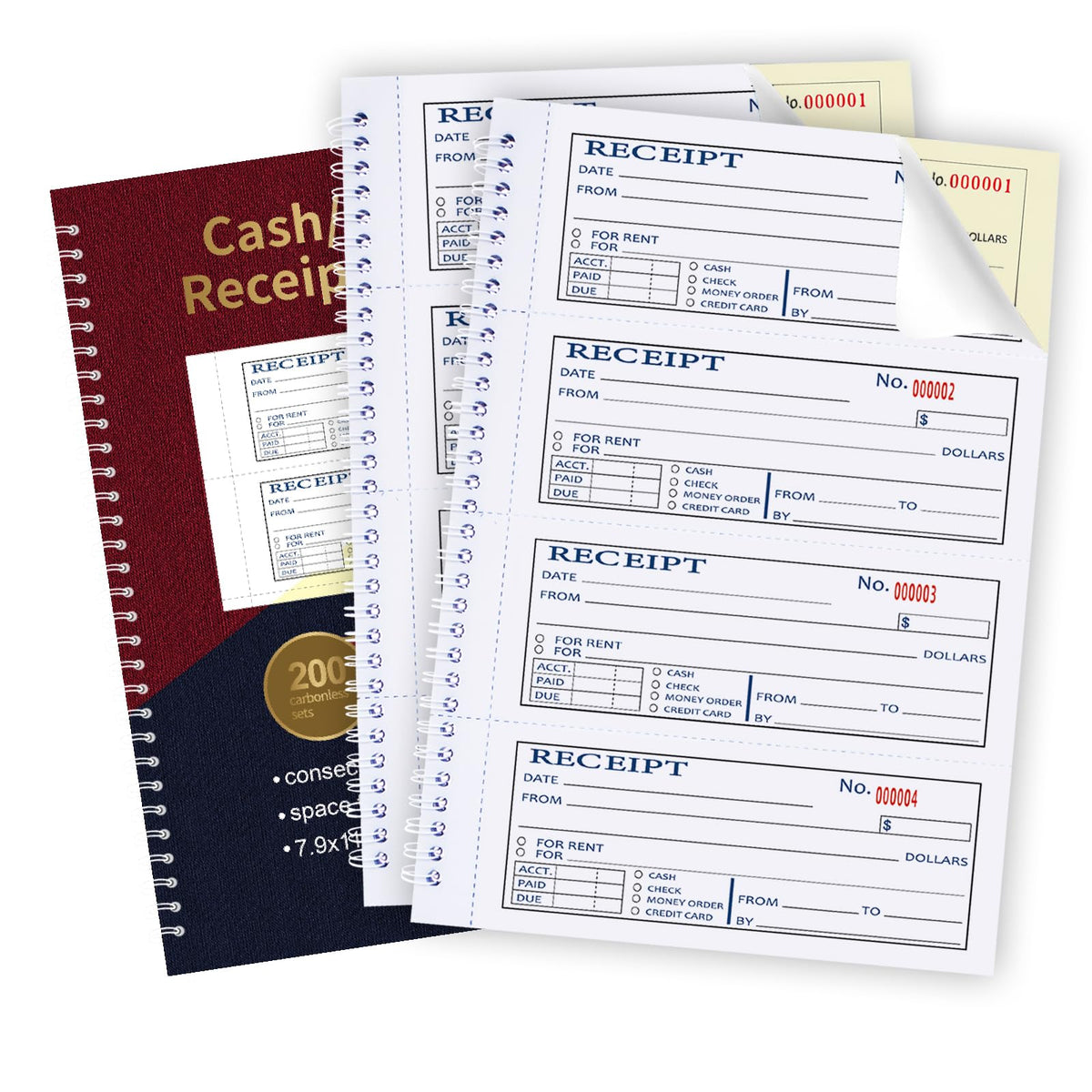 Large Money and Rent Receipt Book with Cardboard Insert,2-Part Carbonless,7.9”x11.2” Spiral Bound,200 Sets per Book,4 Receipts per Page for Office Supplier,Rent and Cash Transaction