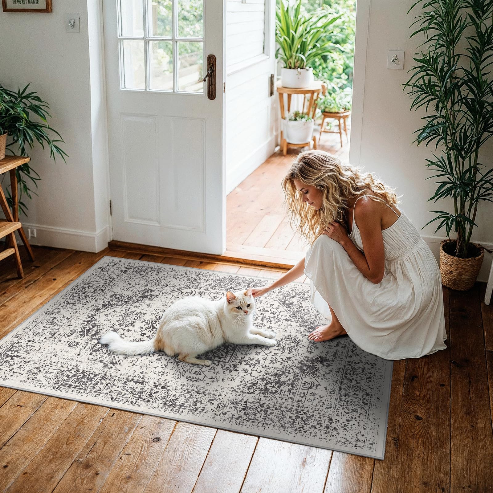 2x5 Washable Kitchen Runner Rug - Soft Low Pile Floral Animal Cat Print Rugs with Non-Slip Backing Waterproof Stain-Resistant Indoor Carpet for Hallway Entryway Bathroom Bedroom (Black)