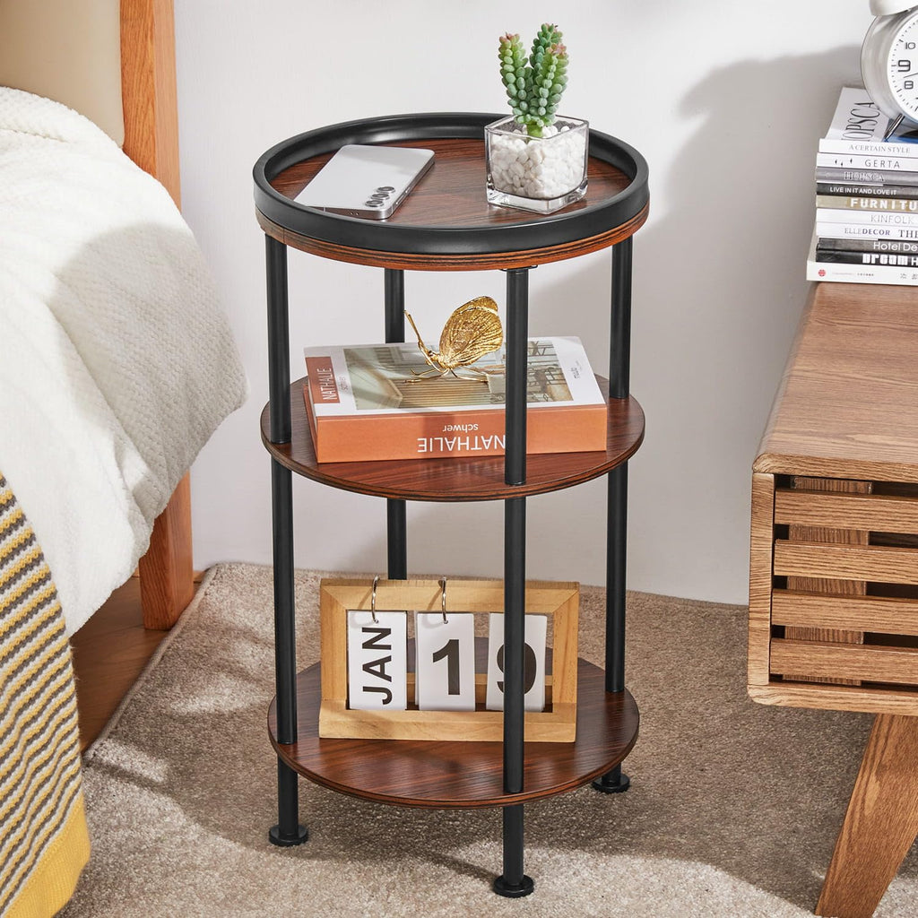 Small Round Side Table with Charging Station for Small Spaces, 3-Tier Accent Table with USB Ports & Power Outlets, Sofa Corner Tea Table for Living Room Nightstand Bedroom Apartment (Black)