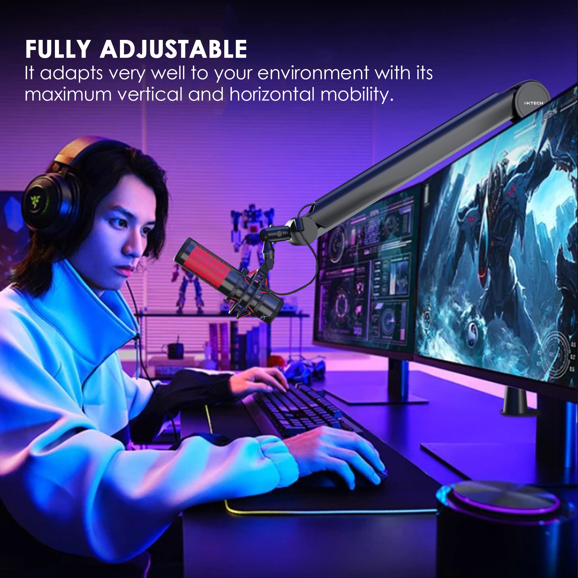 IXTECH Premium Microphone Boom Arm with Desk Mount, 360° Rotatable, Fully Adjustable, for Podcast, Video, Gaming, Radio, Studio, Recording, Sturdy and Universal VALIANT Model