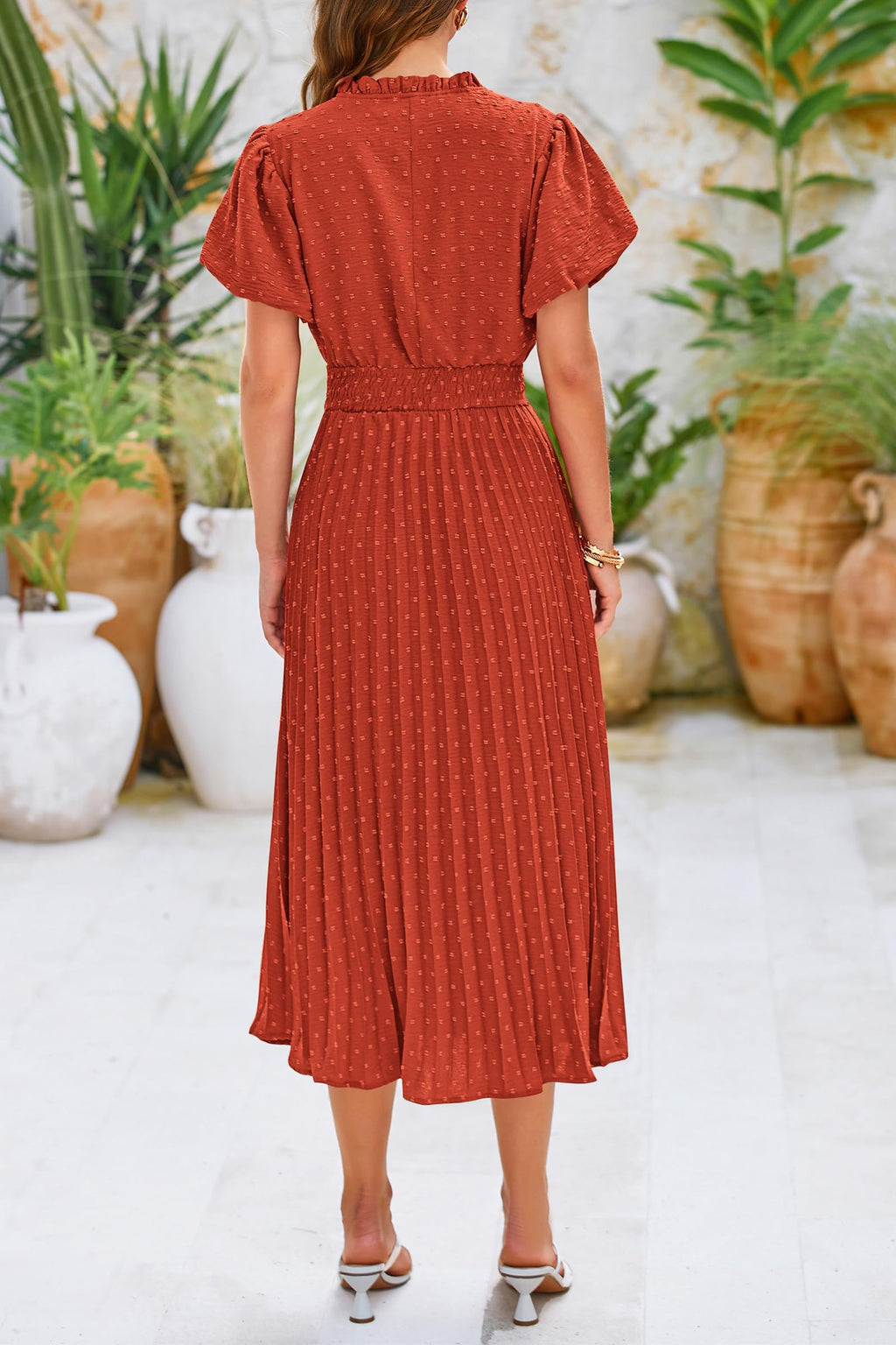 PRETTYGARDEN Womens Summer Midi Dresses Puff Short Sleeve V Neck Swiss Dot Pleated A Line Flowy Long Wedding Guest Dress