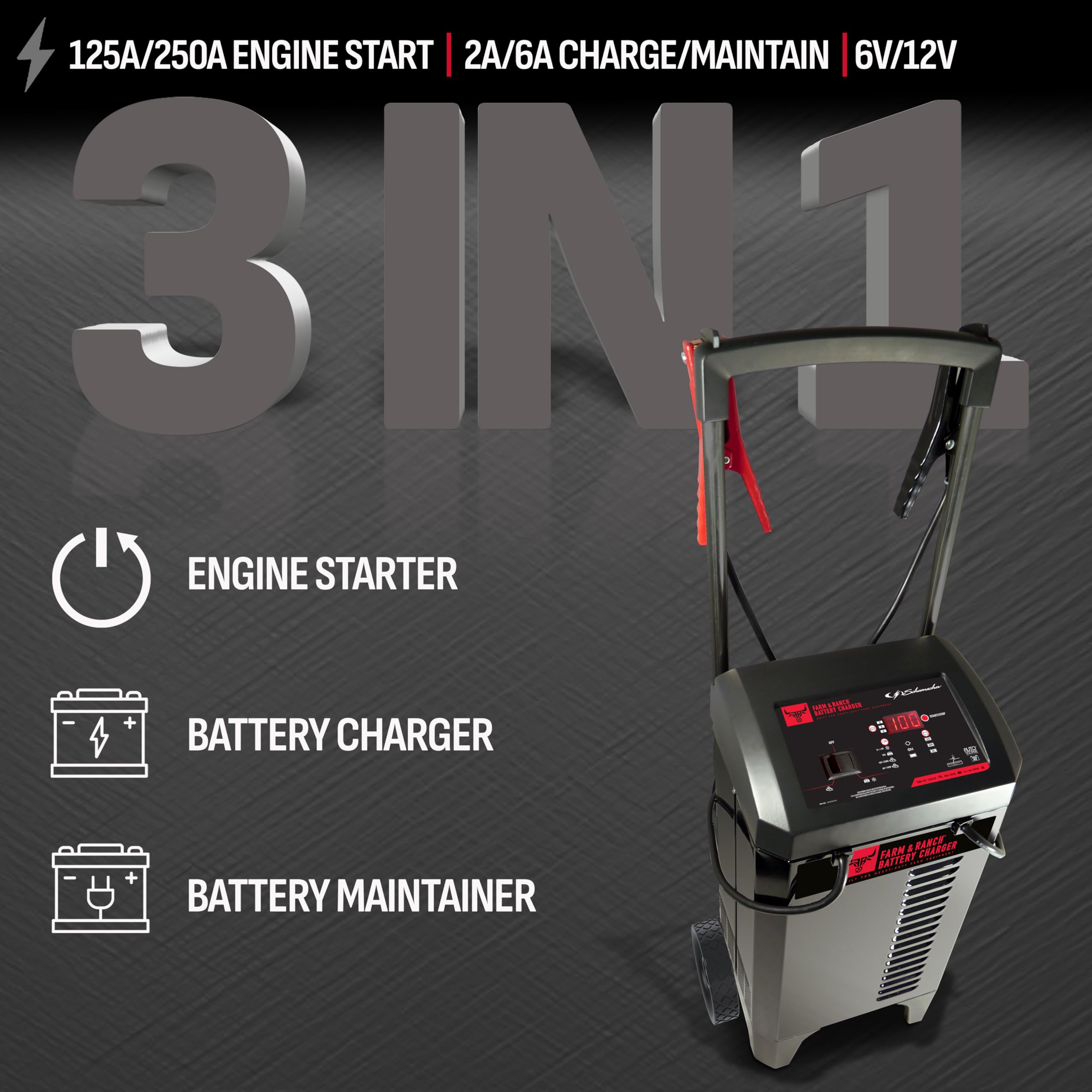 Schumacher Electric Farm & Ranch Wheeled Automatic 6A Car Battery Charger and 250A Engine Starter, 4-in-1 Solution, Maintainer, 50A Boost, for 6V/12V Automotive and Marine Batteries, FR01336