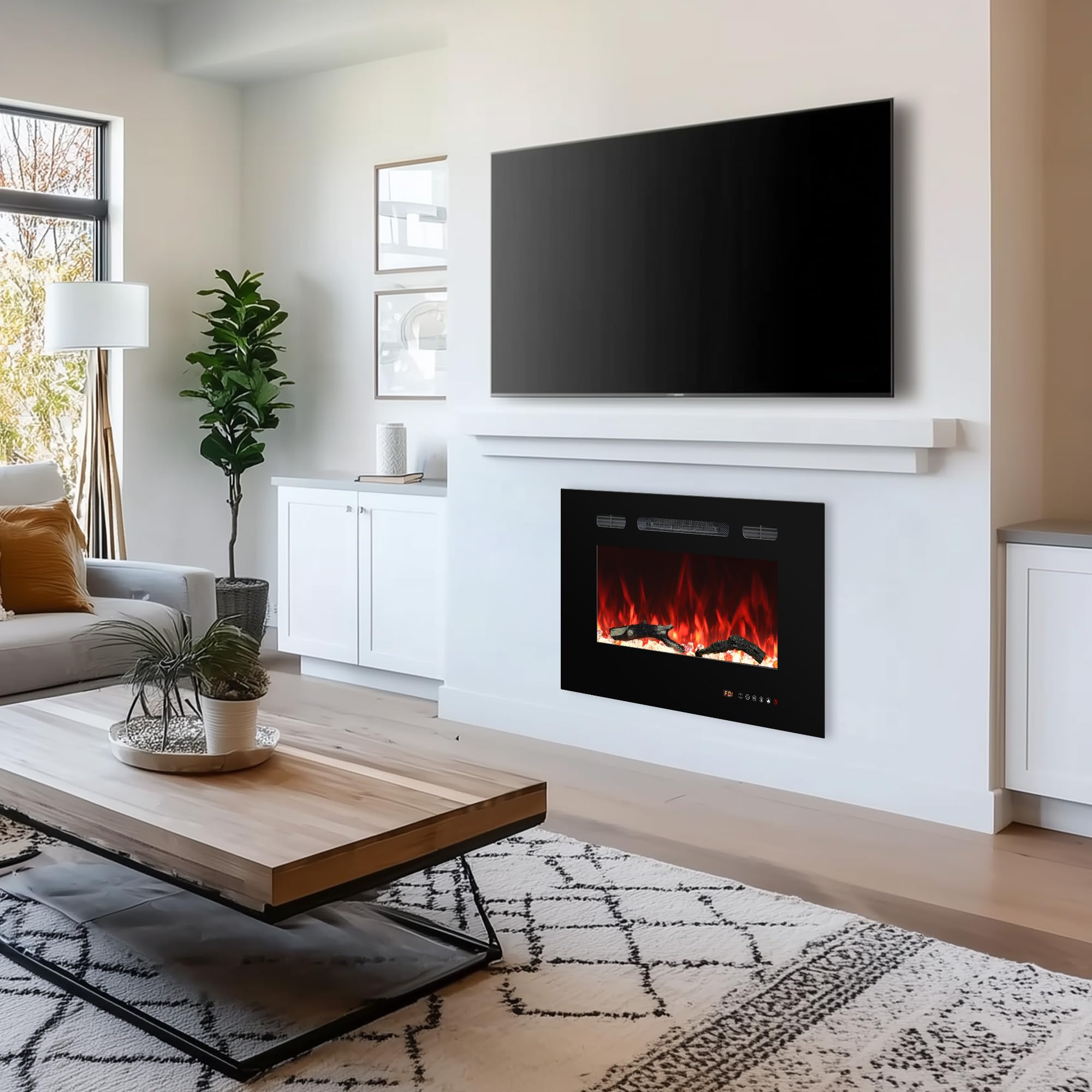 Electric Fireplace 30 inch Wide, Wall Mounted Fireplace Inserts Electric Heater, 13 * 13 Flame Effects Like Real Flame, Low Noise, Timer & Thermostat Setting, 750W/1500W, Black