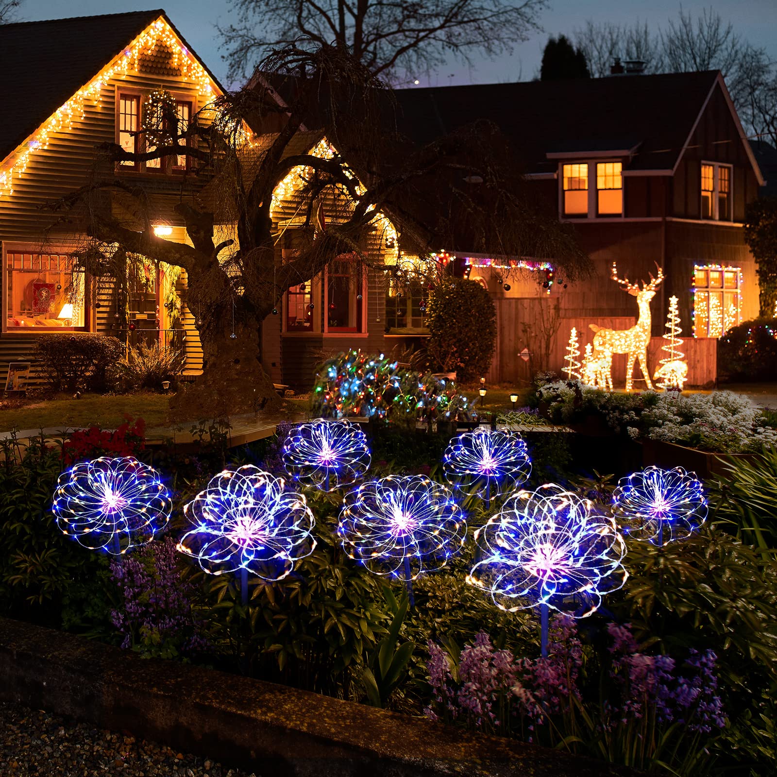 Solar Garden Firework Lights Outdoor Waterproof, 2 Pack Solar Powered Art Stake Twinkle Lighting for Outside Decor, 120 LED Sparklers String Lights for Yard Pathway Decorations(White)