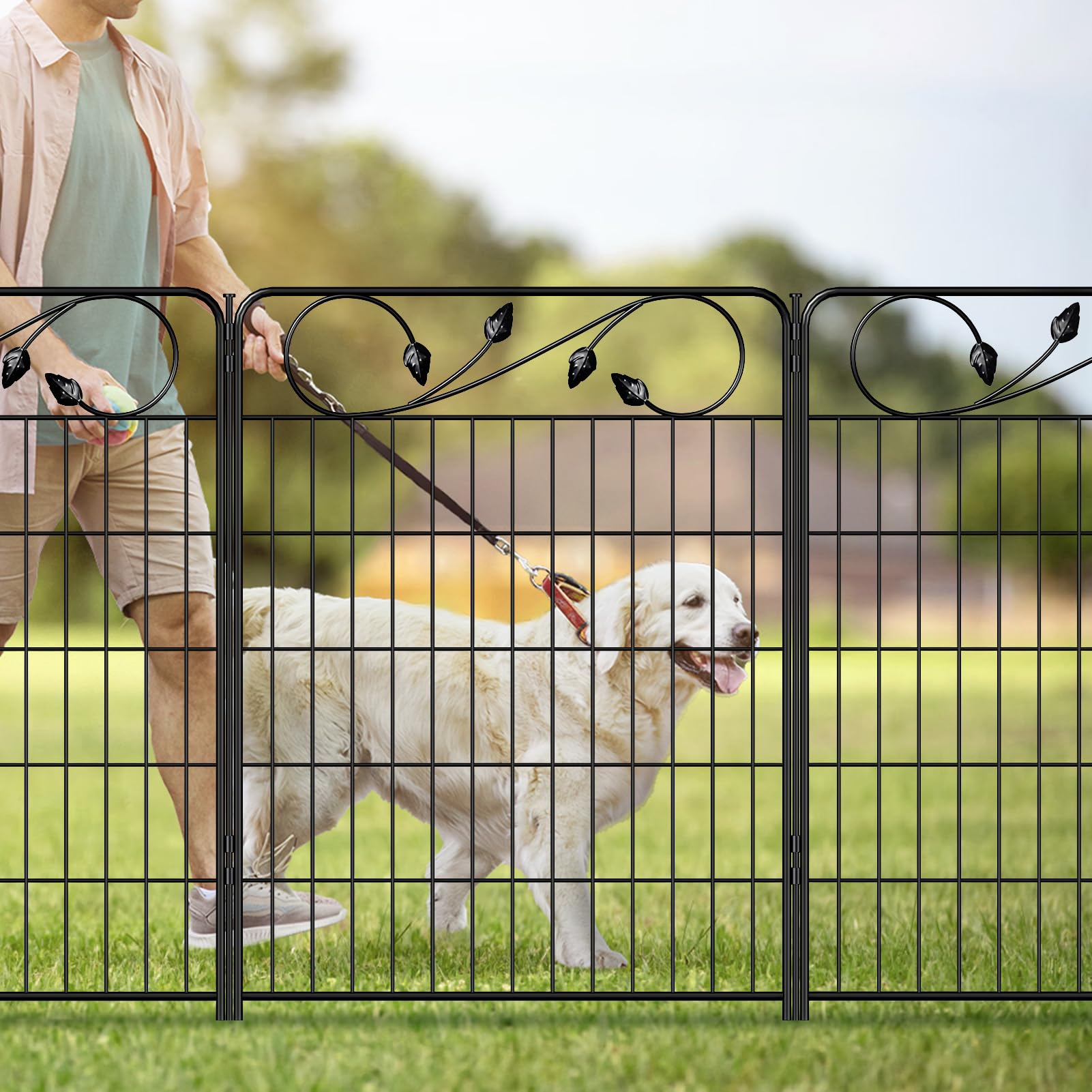 FOREHOGAR Decorative Metal Garden Fence 24in(H) X10ft(L) 5 Panels Leaf Black Rustproof Wire Border Fence for Landscape Patio Flower Bed Garden Fencing Panel Animal Barrier for Dogs