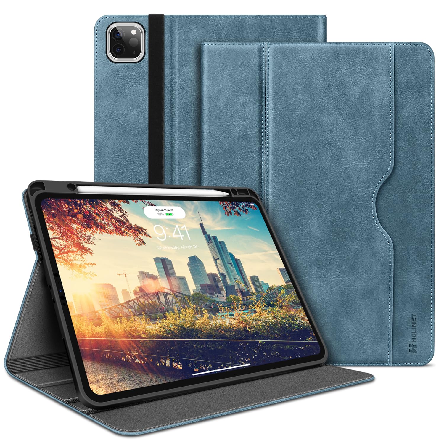 H HOLIMET Case for iPad Pro 12.9 2022 6th/5th/4th/3rd Generation with Pencil Holder Pocket Folio Stand Cover Soft TPU Back Shockproof, Auto Sleep/Wake,Vegan Leather
