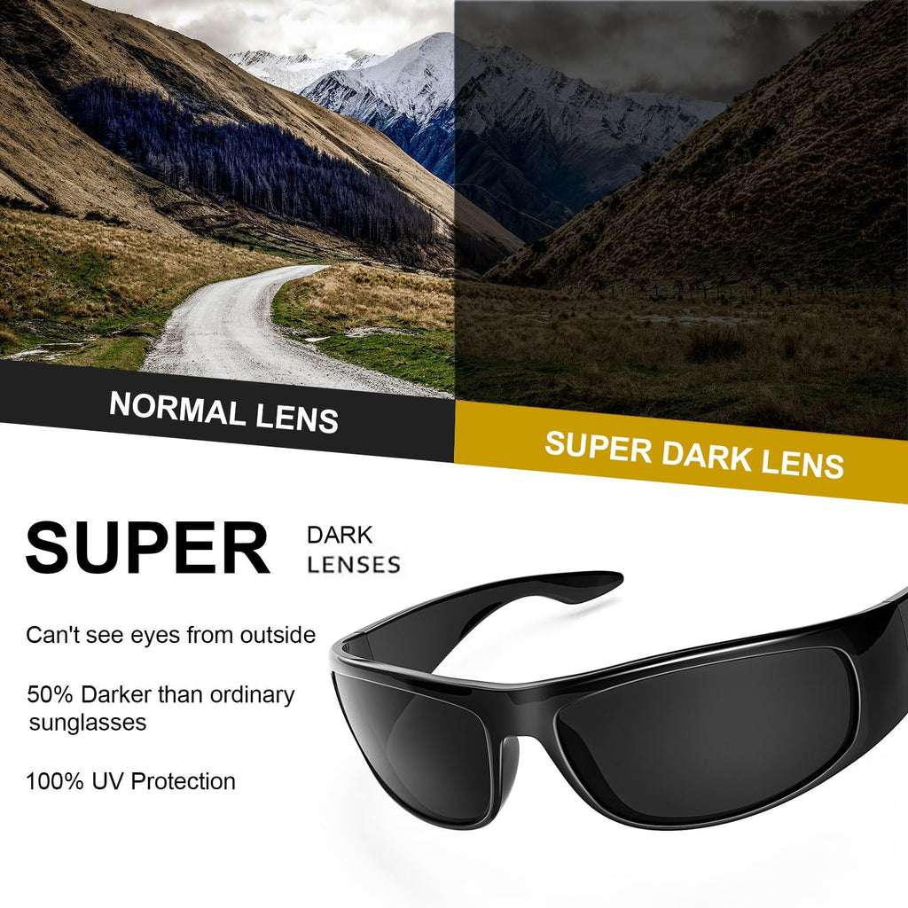 WISTON Wrap Around Sunglasses for Men Women Super Dark Blackout Sunglasses for Sensitive Eyes UV400 Protection W8005