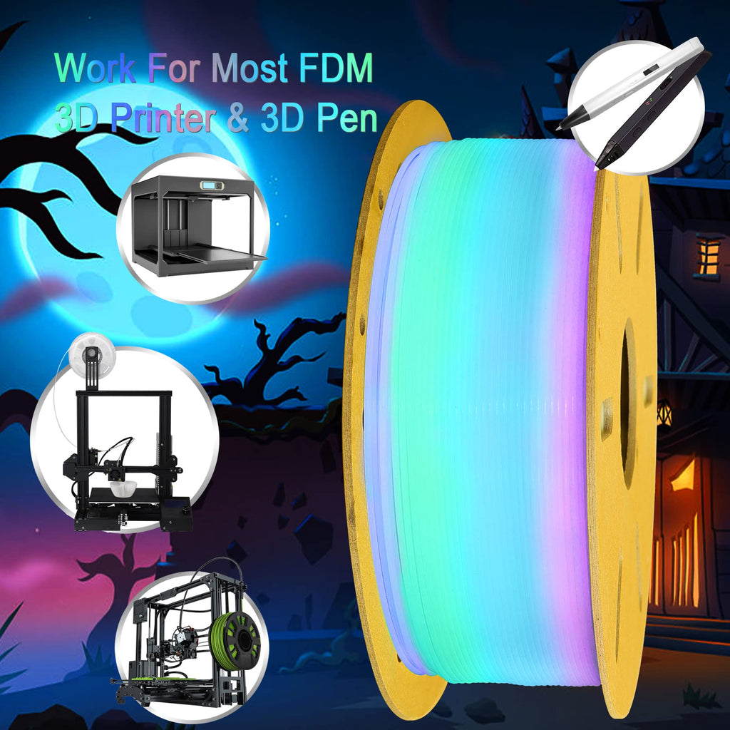 1.75mm PLA 3D Printer Filament Bundle: Glow in Dark Green/Blue/Purple/Rainbow, One Spool Clear Multi Colored, Each Spool 250g, Total 1.25Kg 3D Printing Material, 250g x 5 Spools Glow in Dark PLA