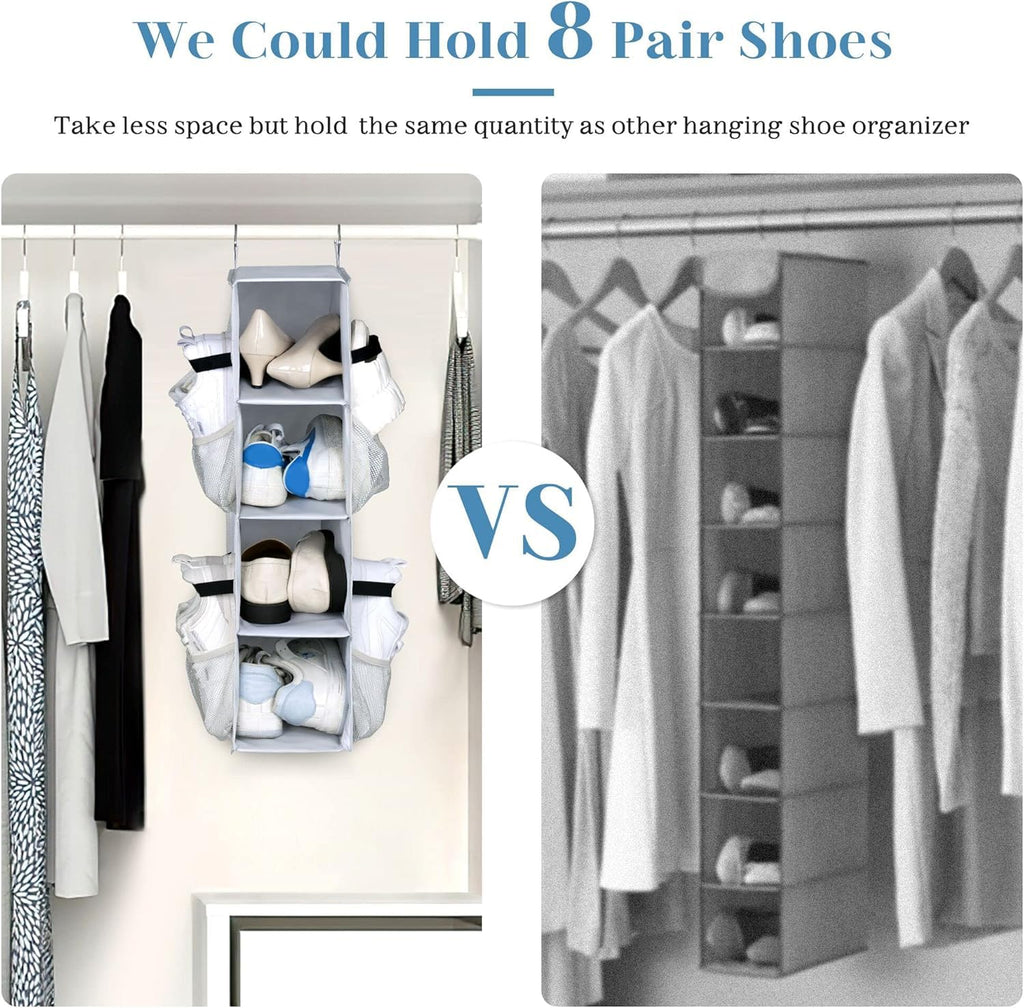 SLEEPING LAMB Short Hanging Shoe Organizer for Closet Storage with Mesh Side Pockets Holds 8 Pairs, Hanging Shoe Rack Hanger RV, Camper, Black